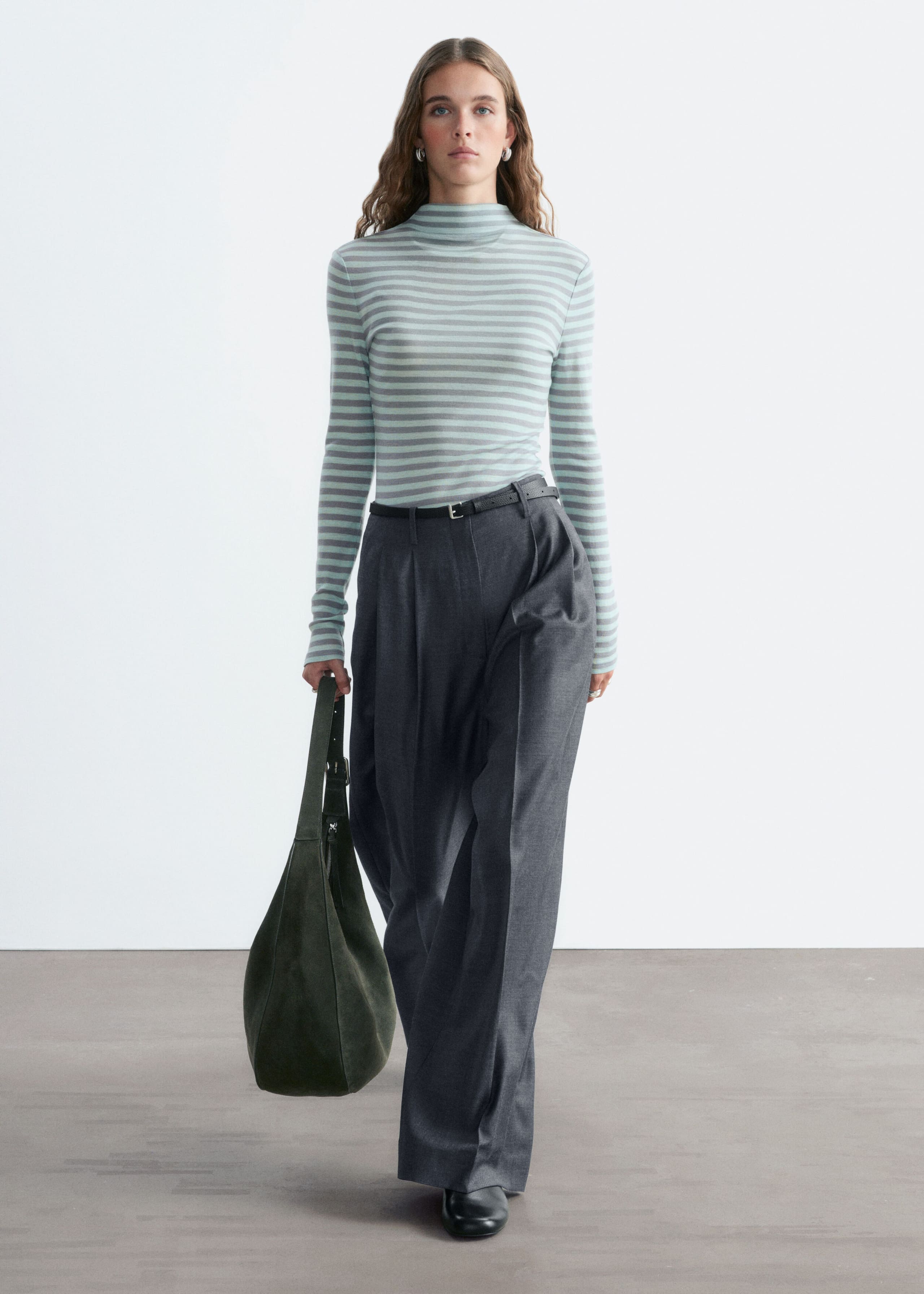 Wool Mock-Neck Top - Mint/Striped - Lookbook