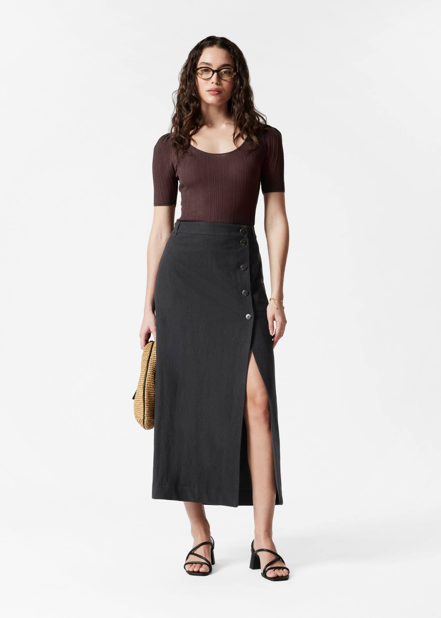 A-Line Midi Skirt - Black/Beige