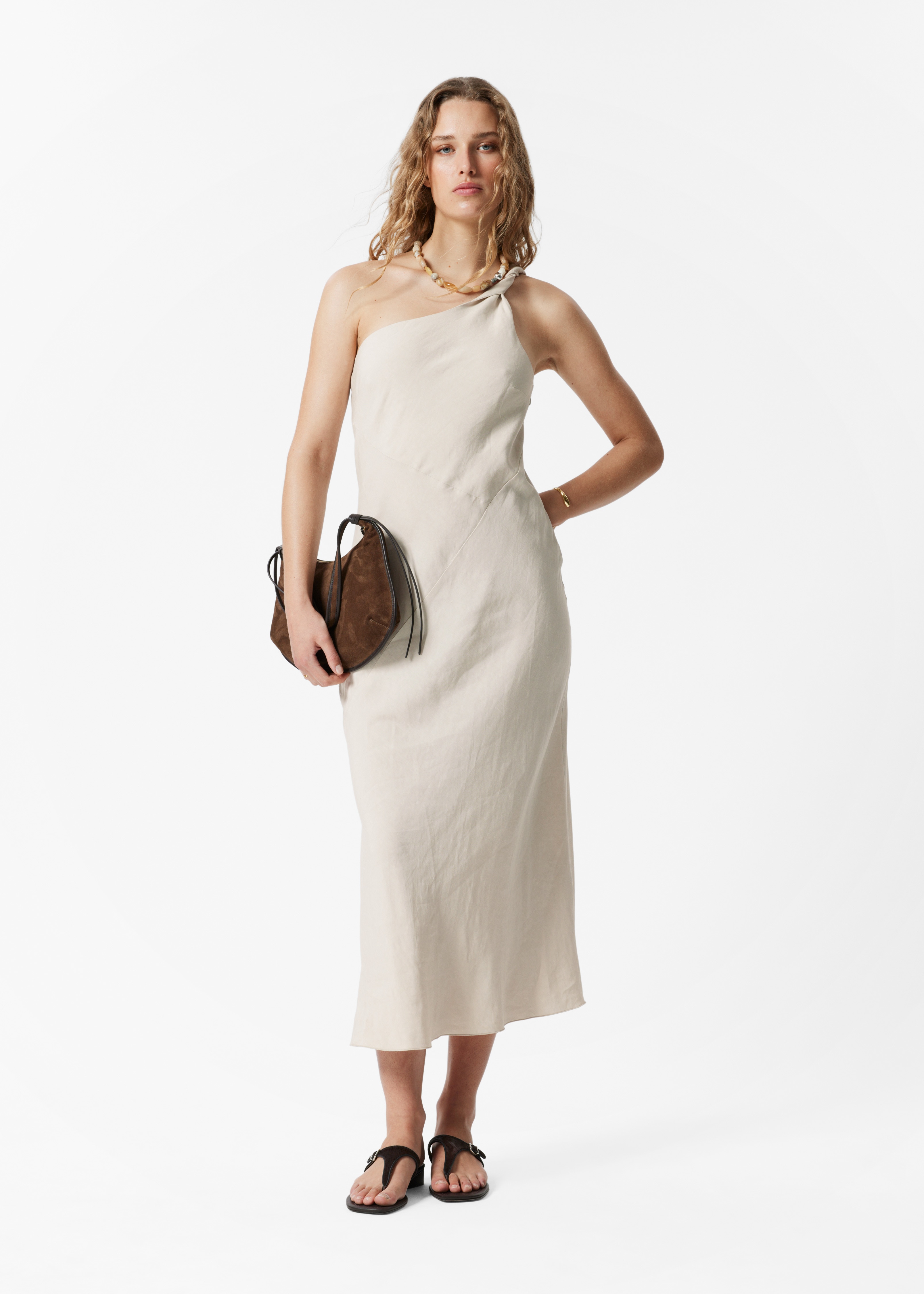 Šaty s jedným ramienkom midi - Beige/Tmavohnedá/Pastelová žltá