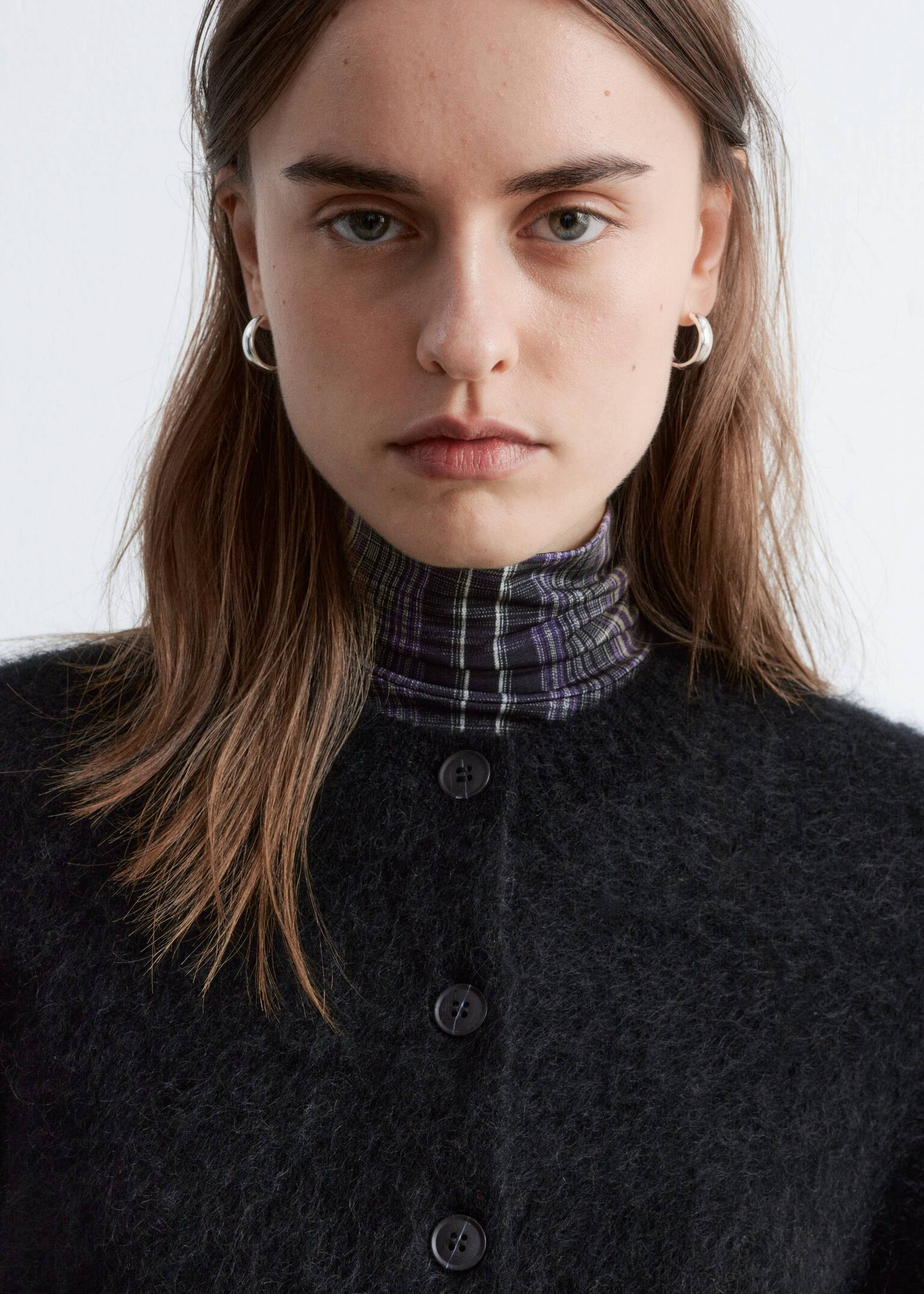 Cardigan i børstet mohairblend - Sort/Kamel/Fersken - 7