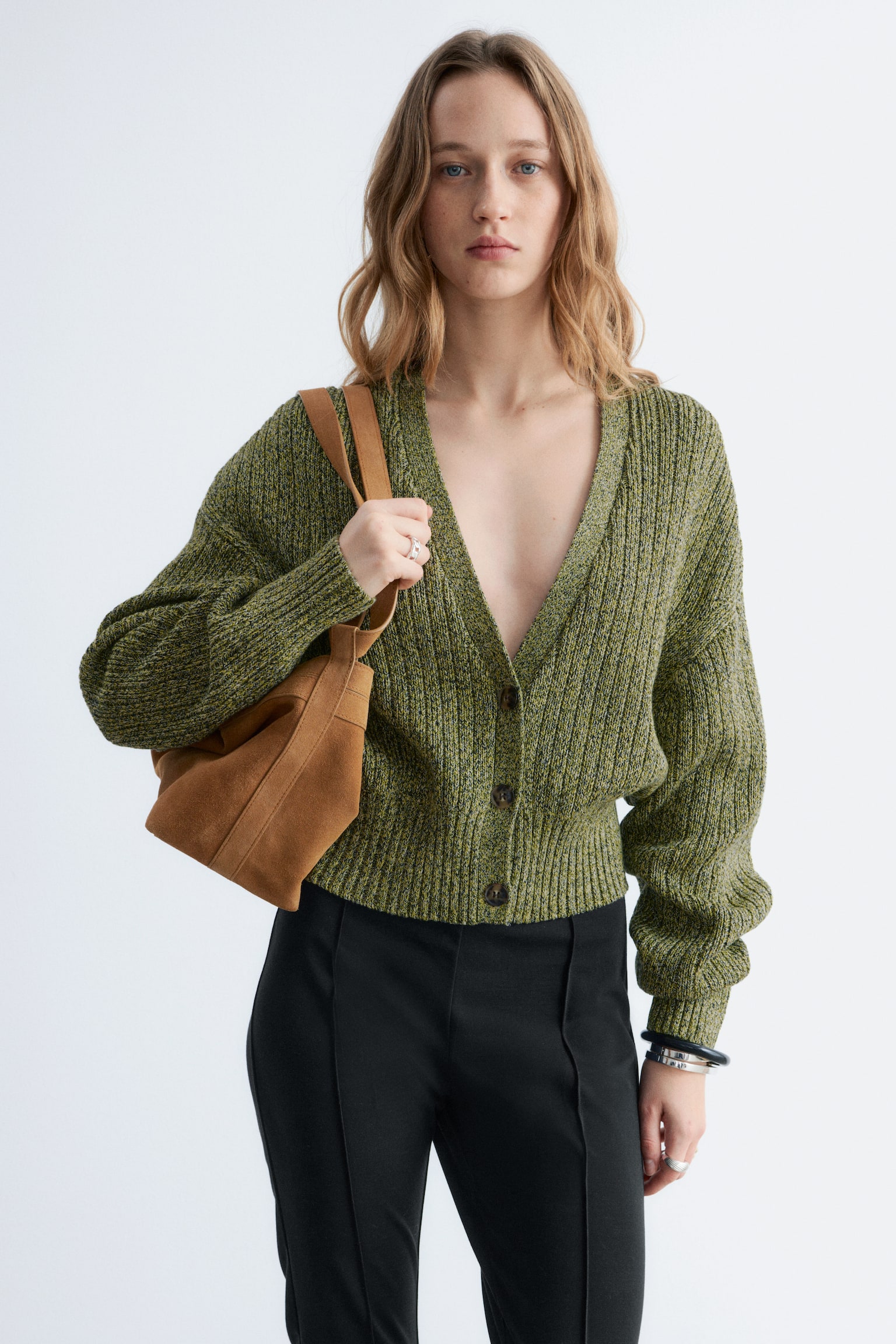 Cardigan in cotone con lavorazione a coste - Verde screziato/Giallo tenue - 1