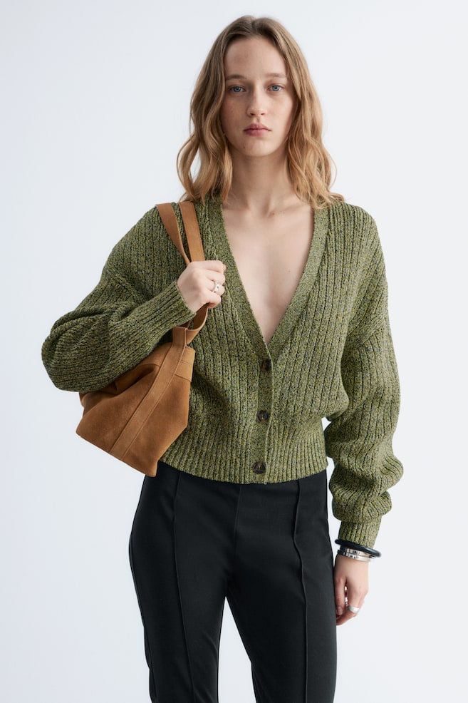 Rib-Knit Cotton Cardigan - Marled Green/Muted Yellow - 1