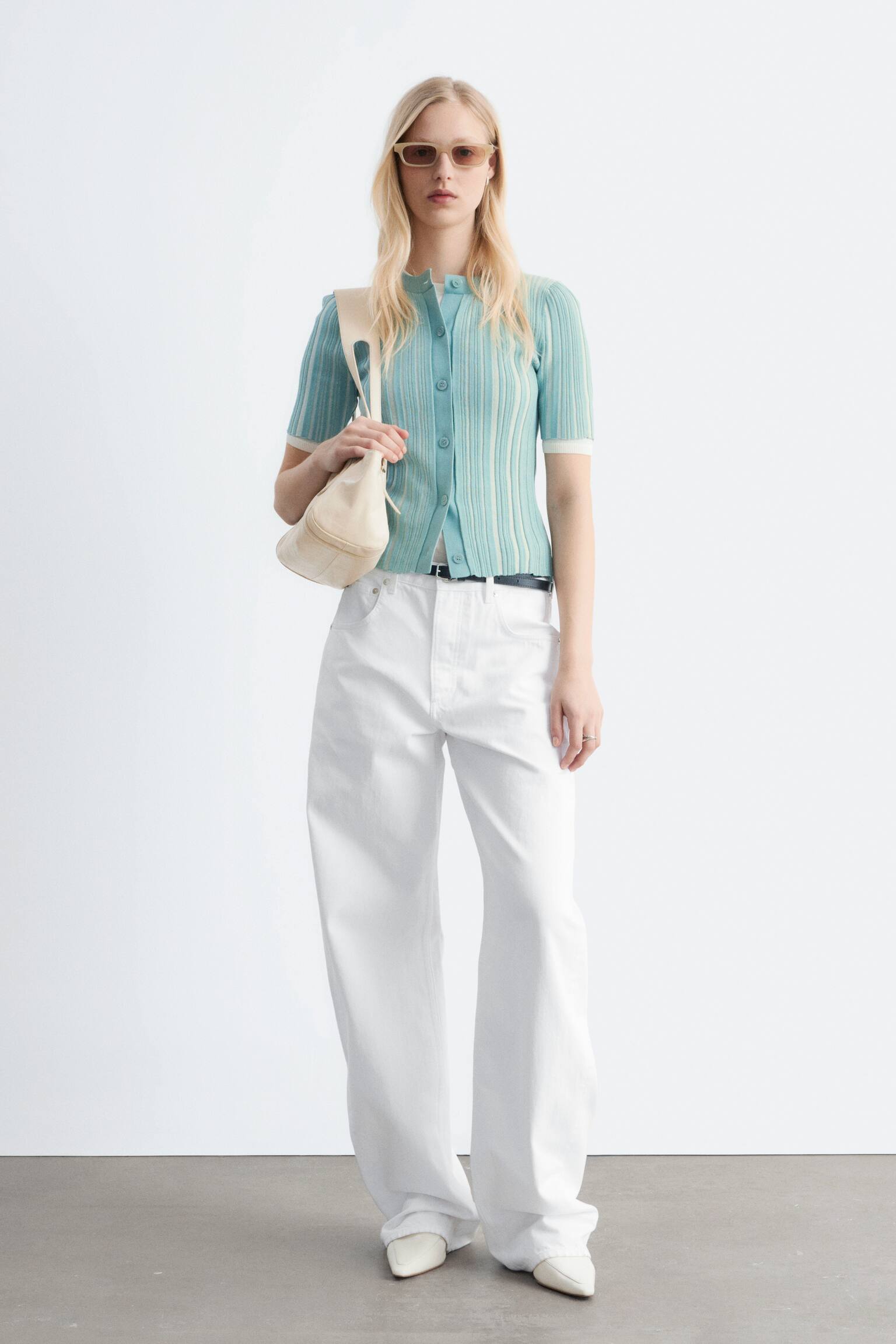 Dzianinowy kardigan w prążki z krótkim rękawem - Turquoise/Żółtozielony - 7