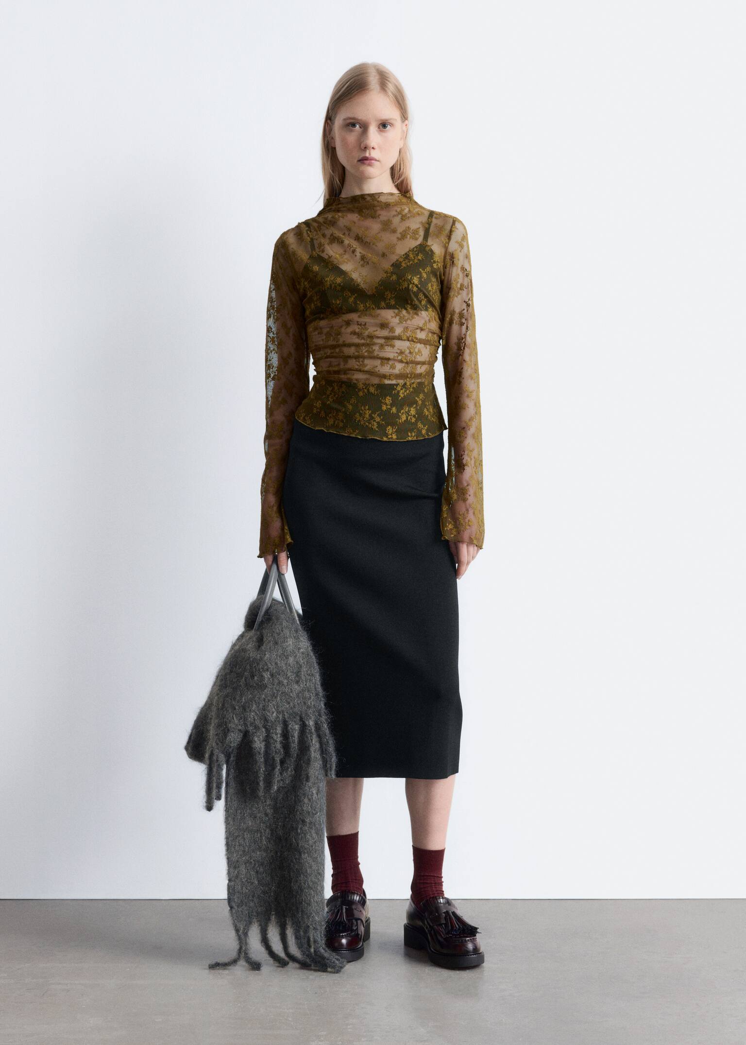 Long-Sleeve Lace Top - Khaki Brown/Dark Brown - 4