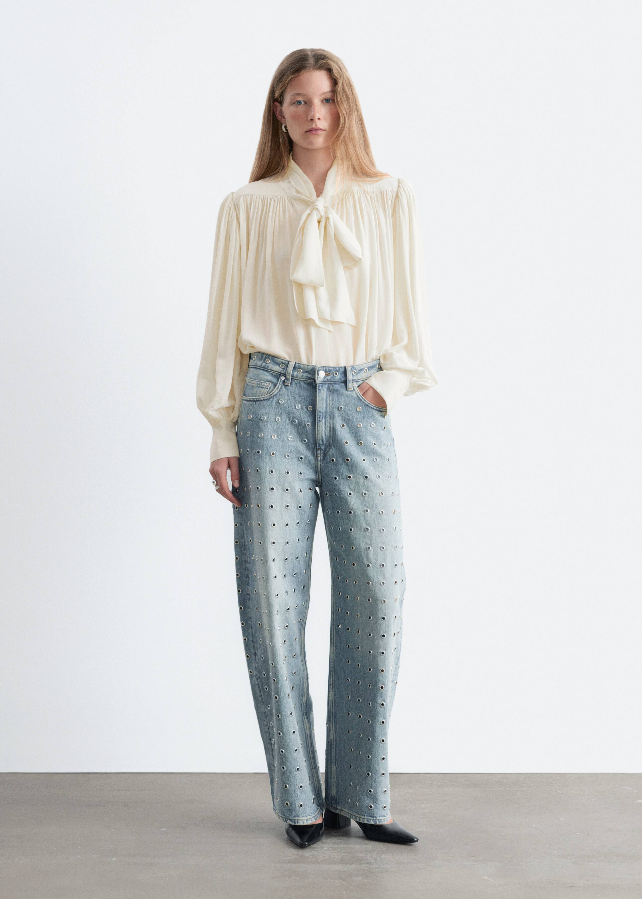 Tie-Neck Gathered Blouse - Off White - Lookbook