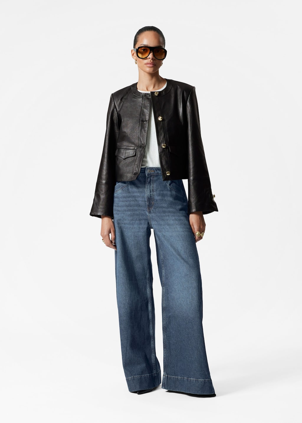 Image of Collarless Leather Jacket