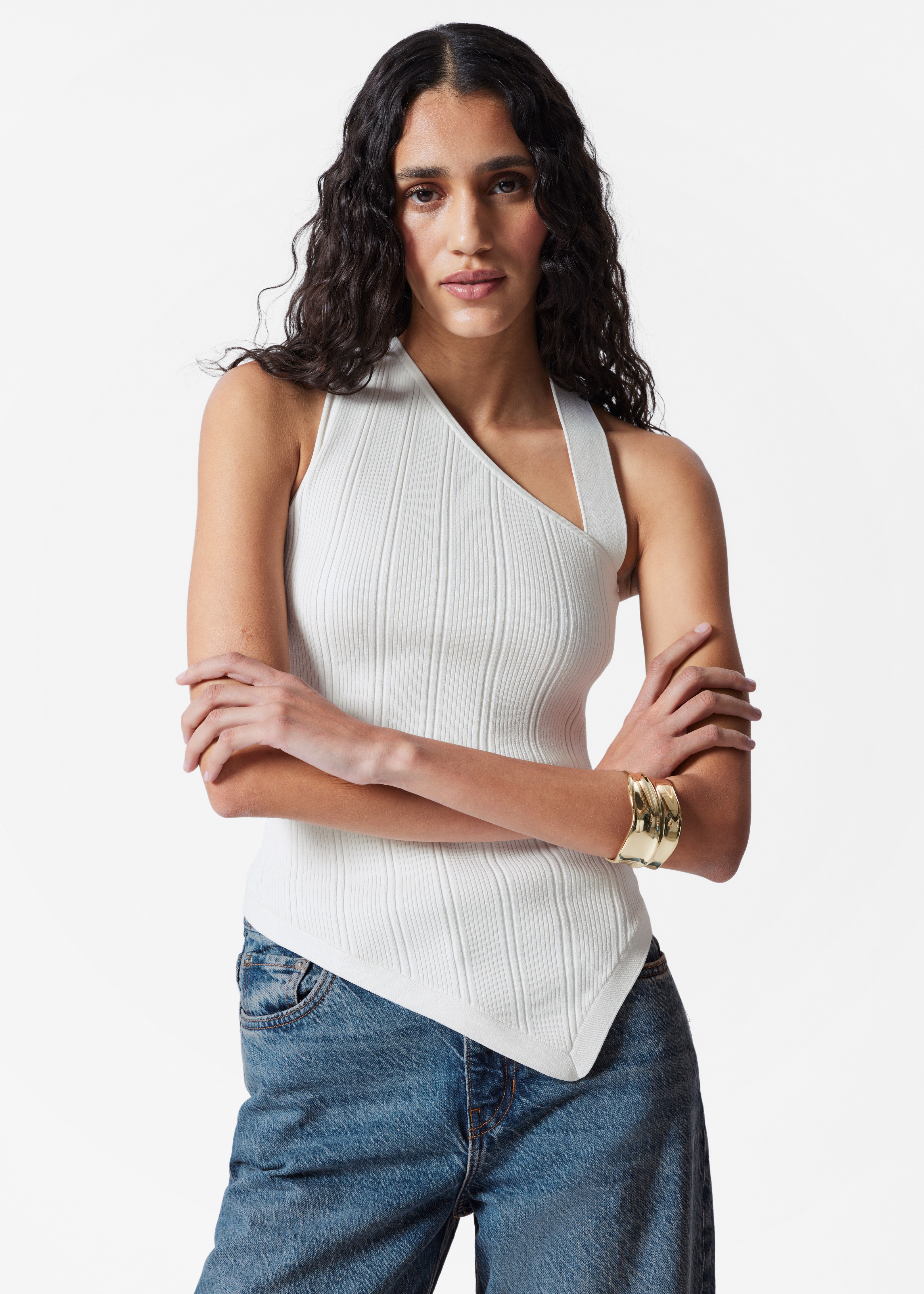 Asymmetric Rib-Knit Top - Bílá/Černá