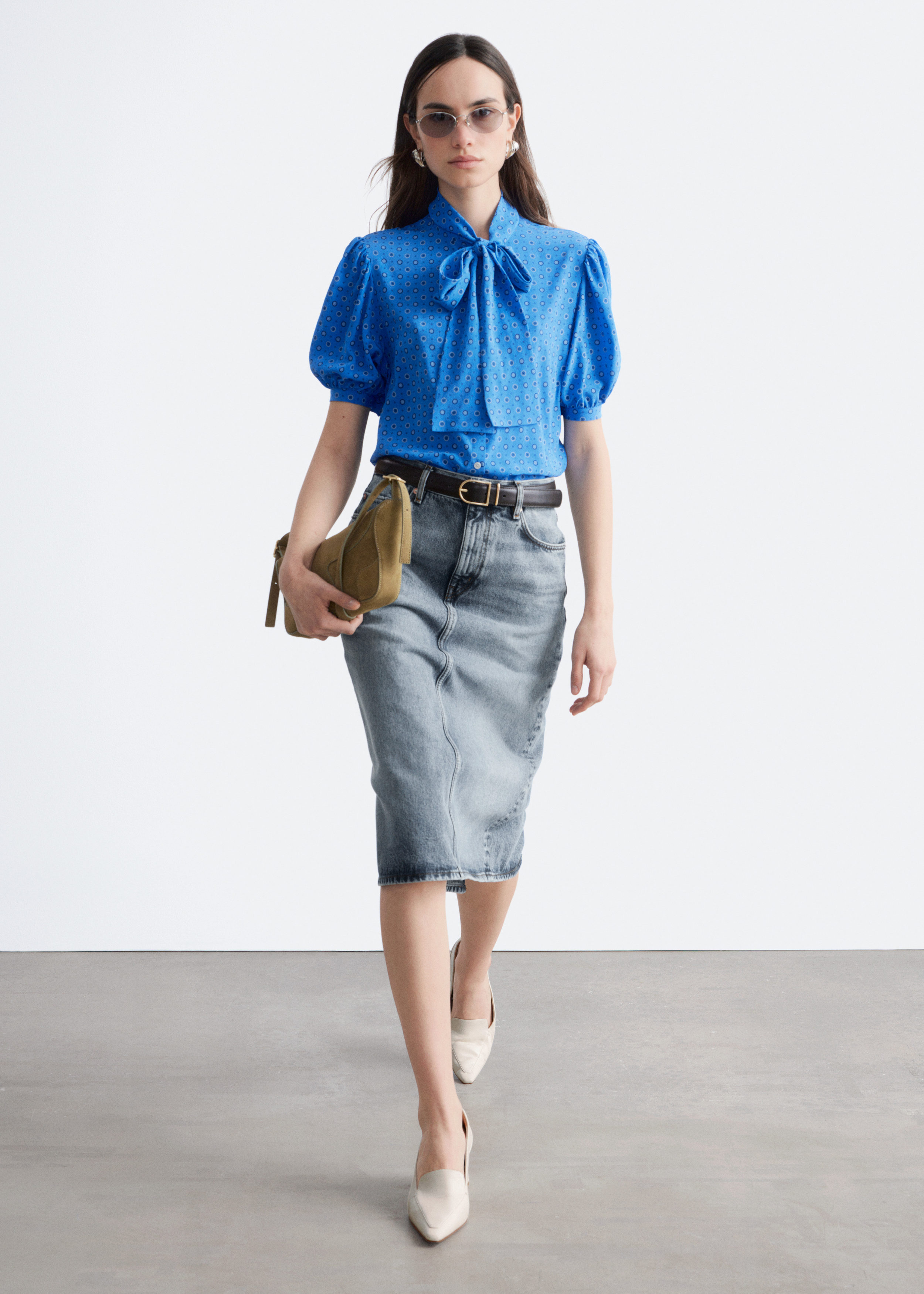 Printed Tie-Neck Silk Blouse - Bright Blue/Pattern - & Other