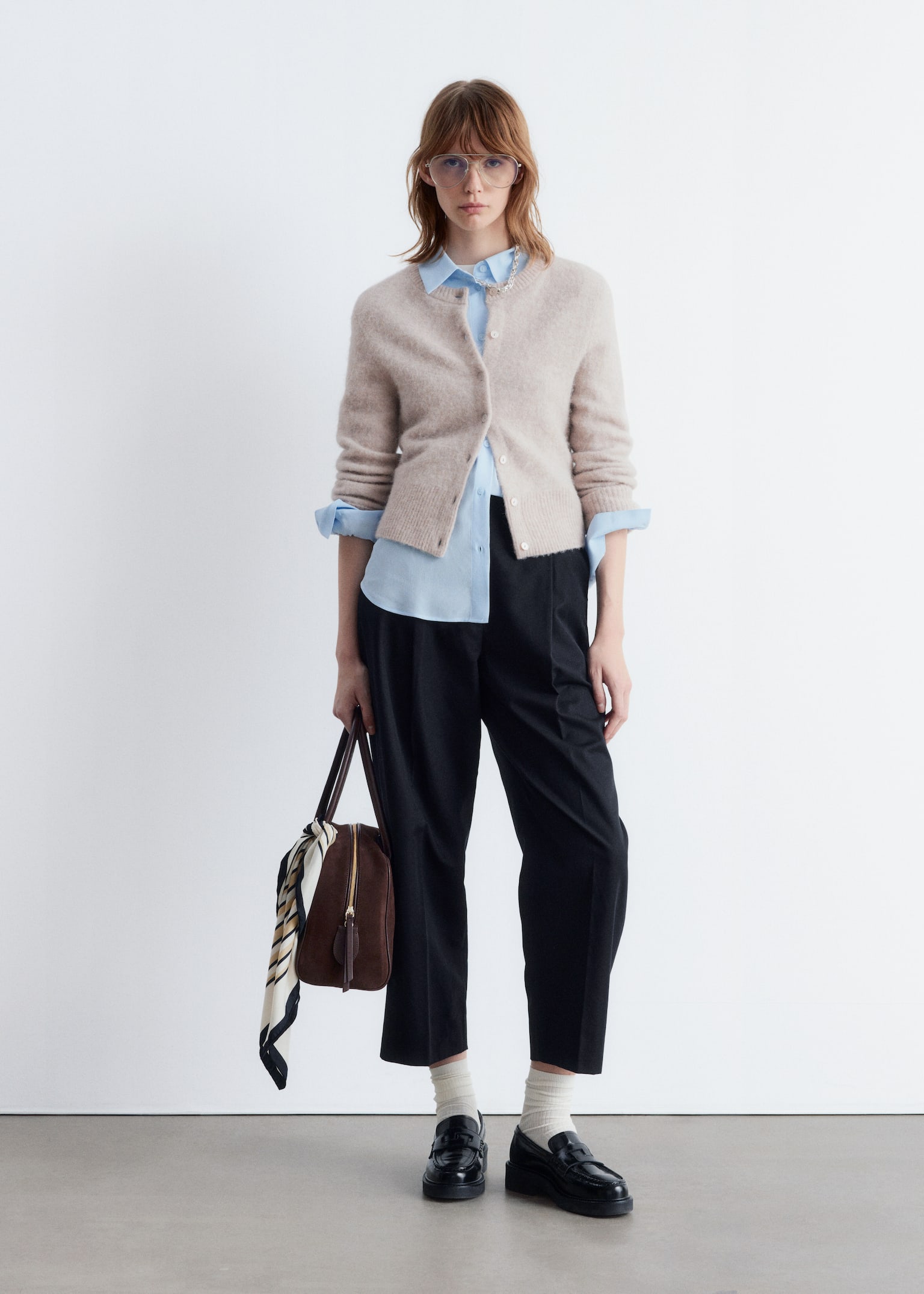 Alpaca-Blend Knit Cardigan - Greige/Dark Red/Dark Blue - 5
