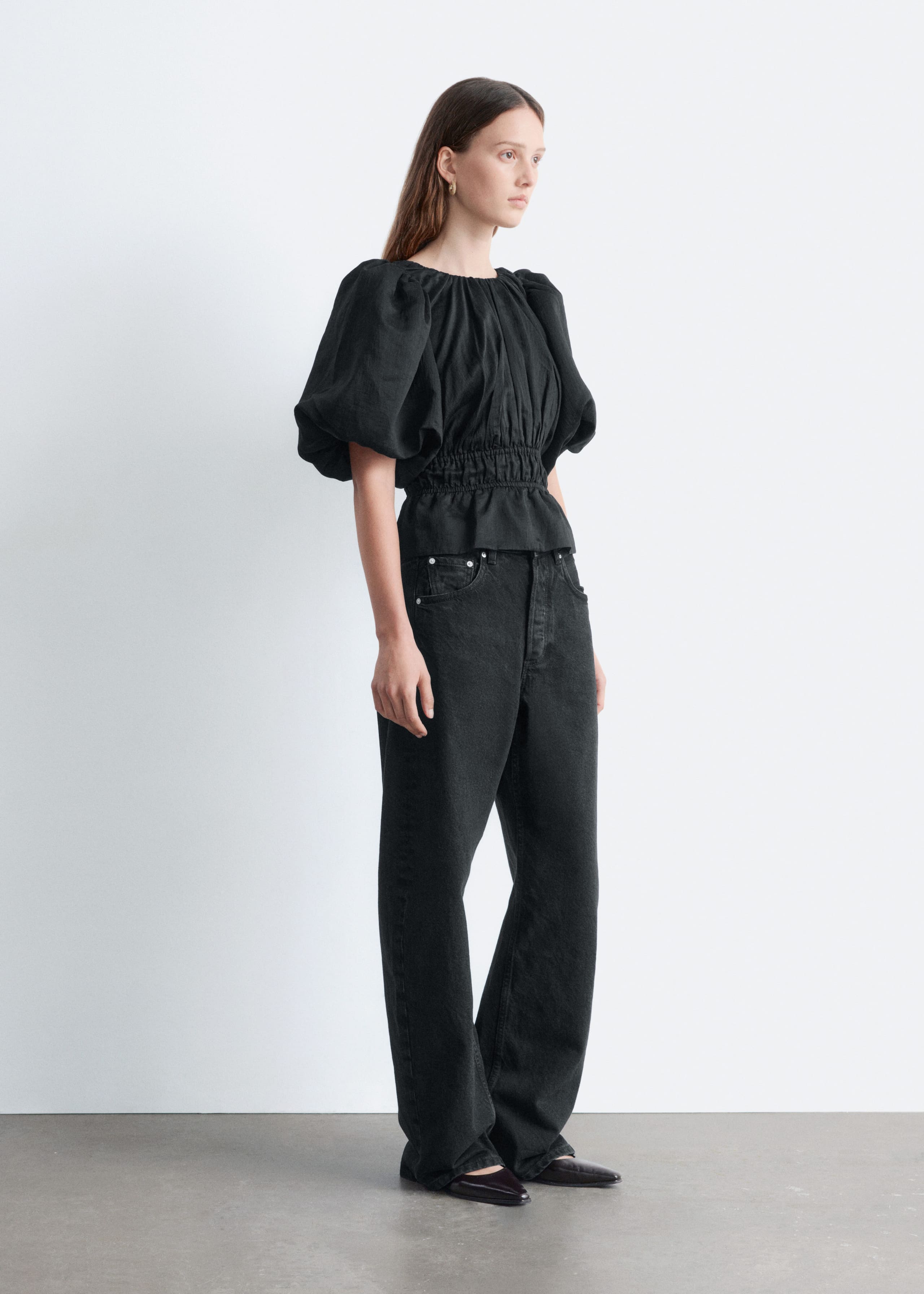 Image of Peplum-Frill Puff-Sleeve Top