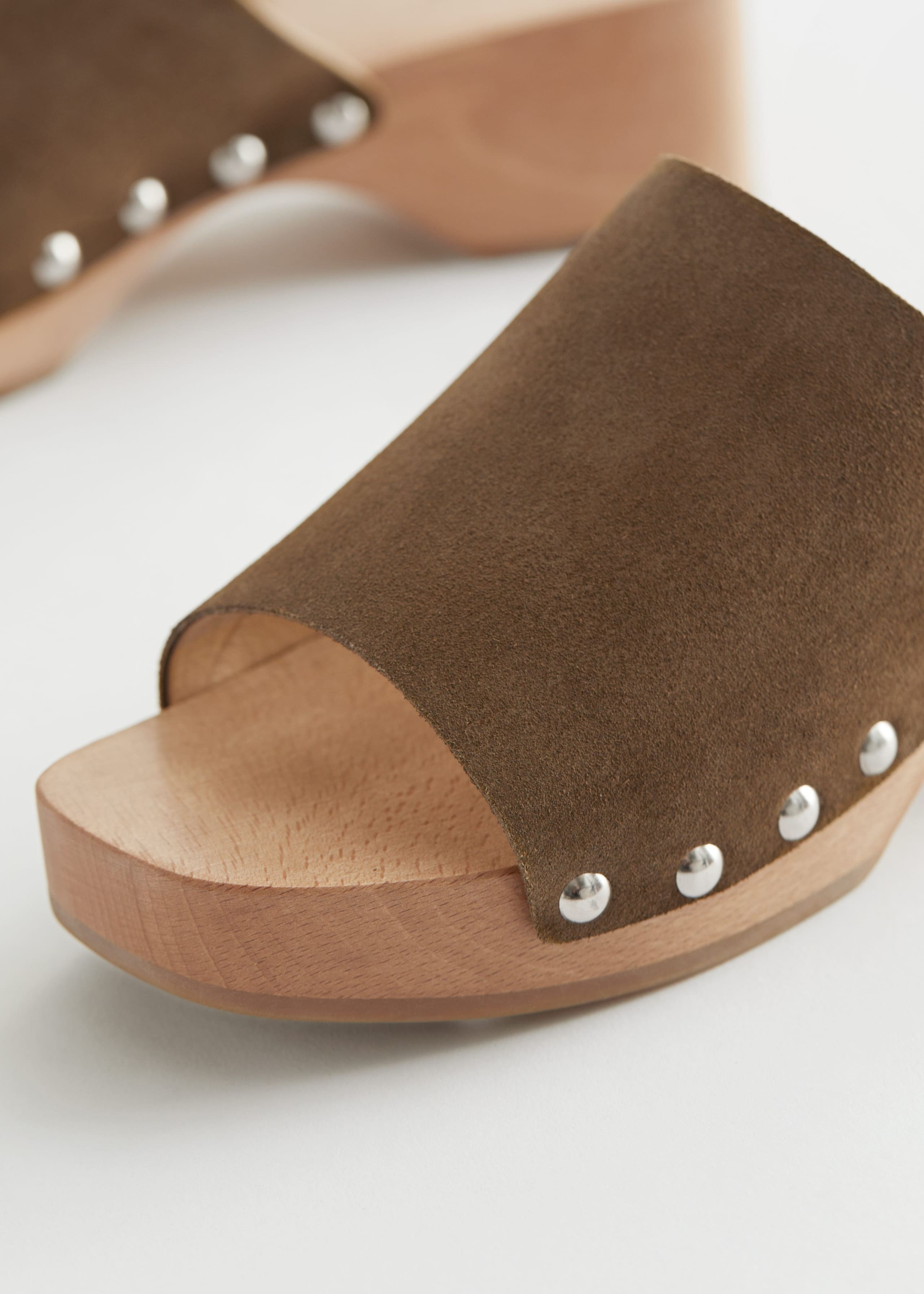Studded Suede Wooden Clogs - {{variantName}} - Descriptive Detail
