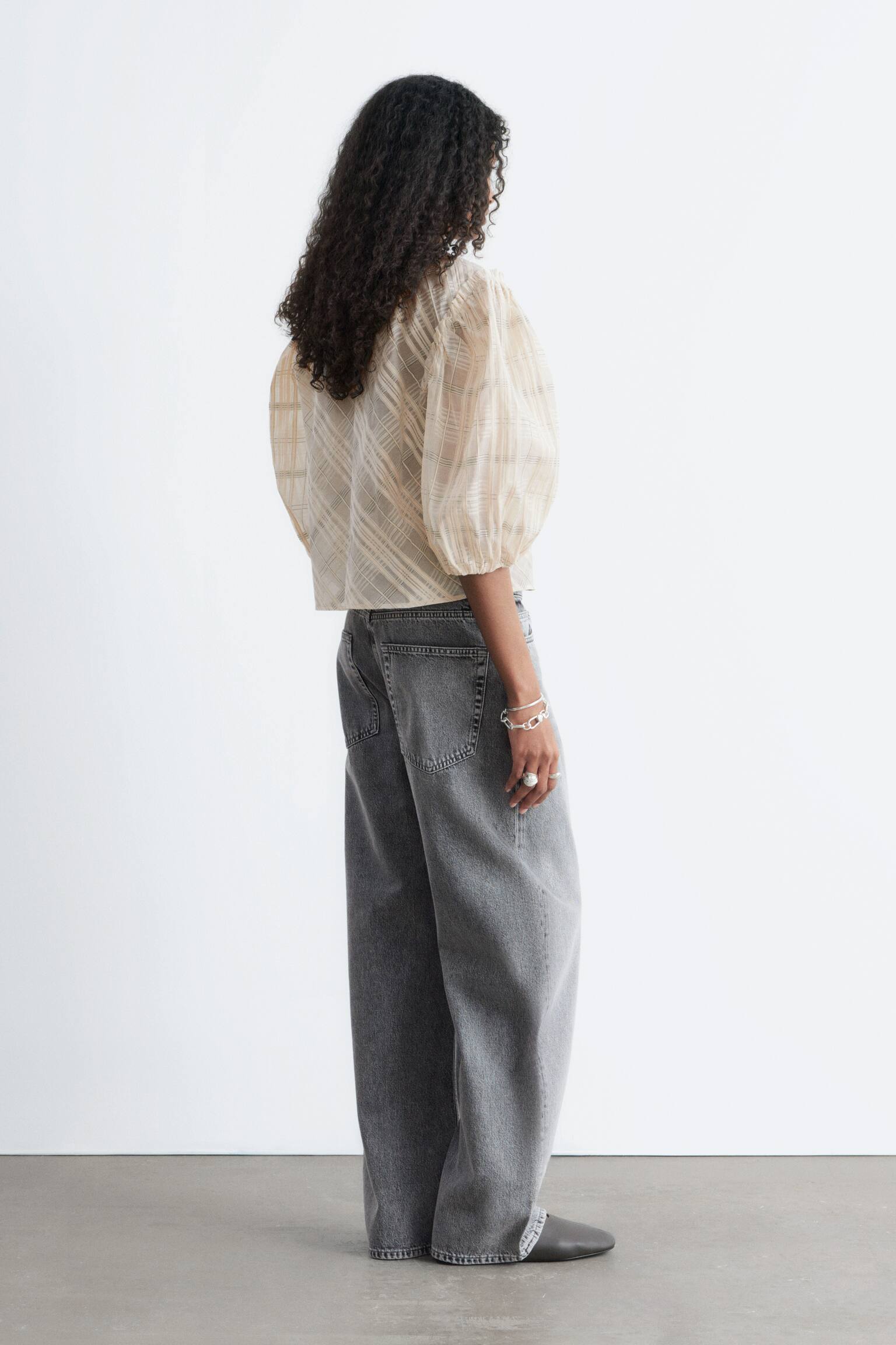 Bluză din Jacquard cu Mâneci Bufante - Bej/Tartan/Galben - 4