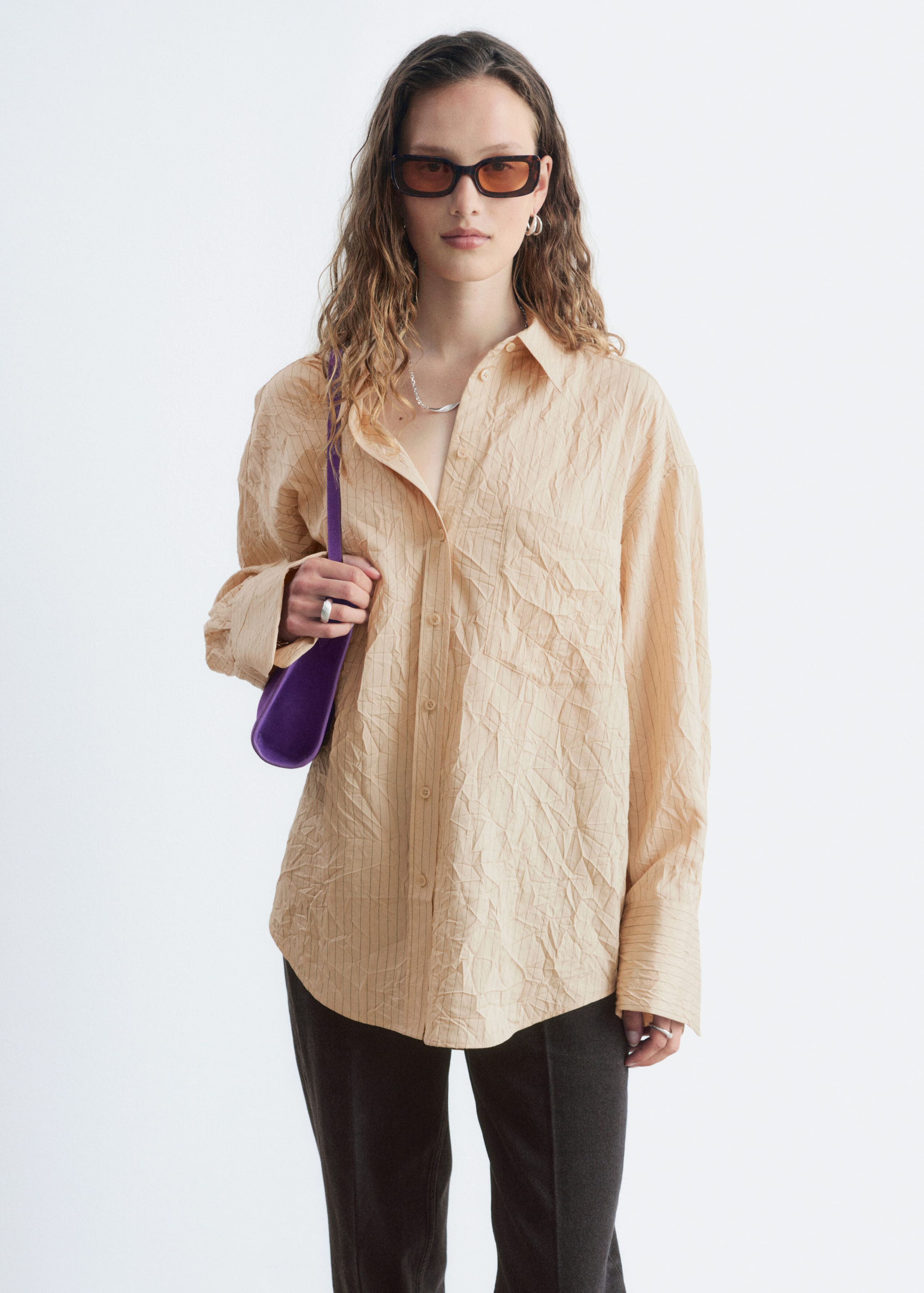 Crinkled Oversized Shirt - Beige - Lookbook