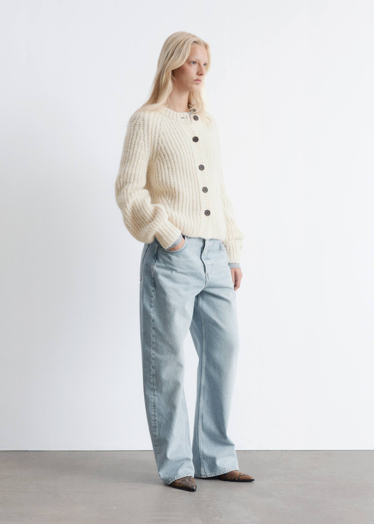 Cardigan med ballongärm - Crèmevit/Senapsgul - 4