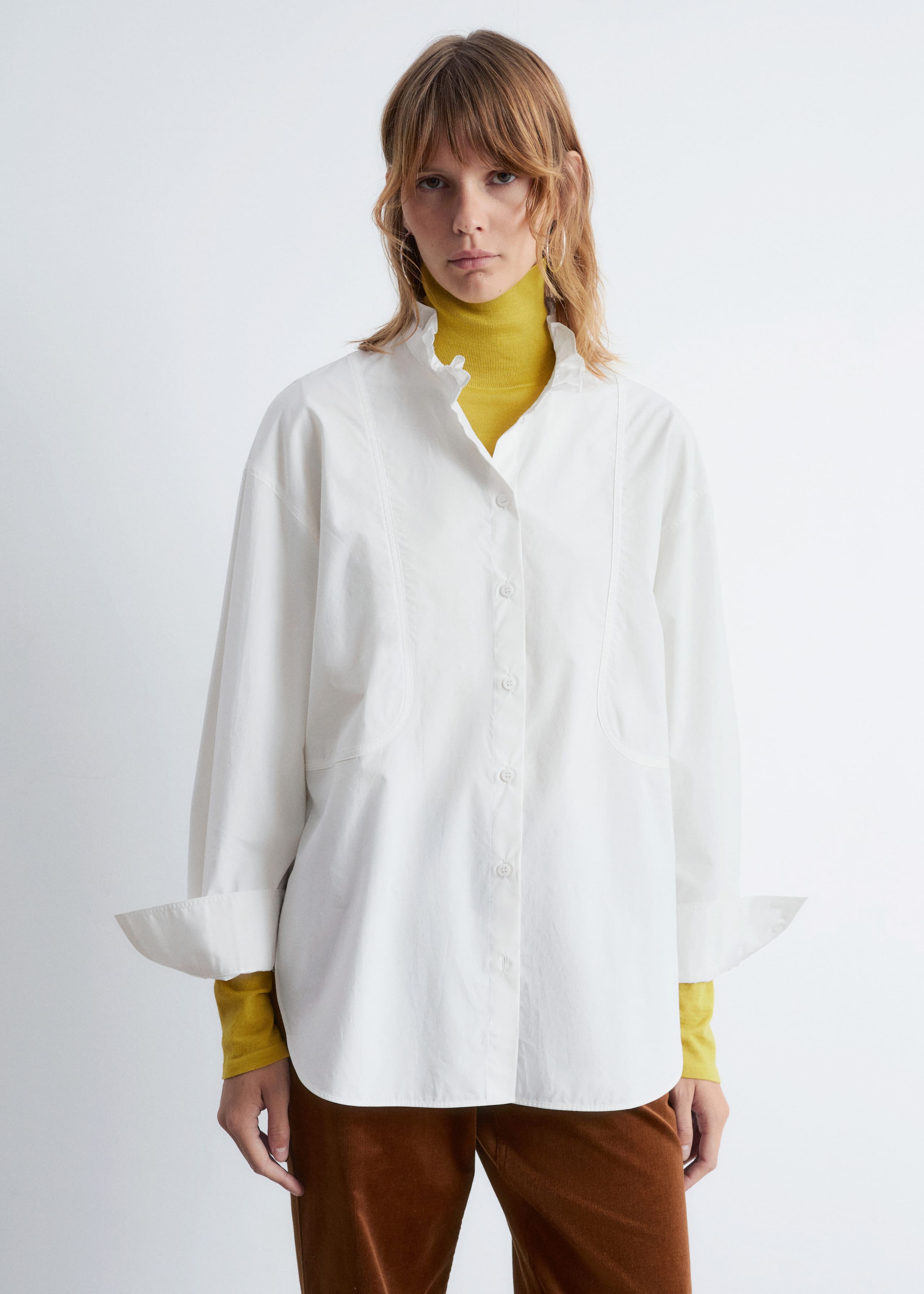 Image of Long Stand-Collar Cotton Shirt