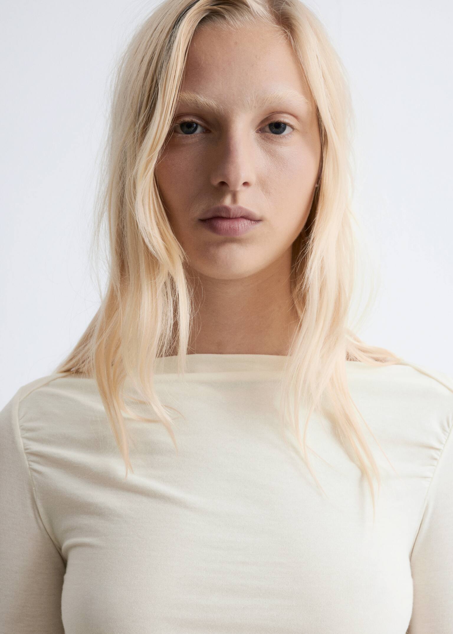 Ruched Boatneck Top - White/Beige - 6