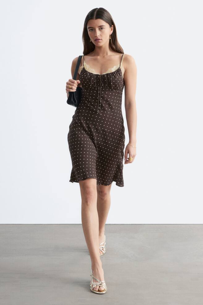 Drawstring Mini Dress - Dark Brown/White Dots - 1