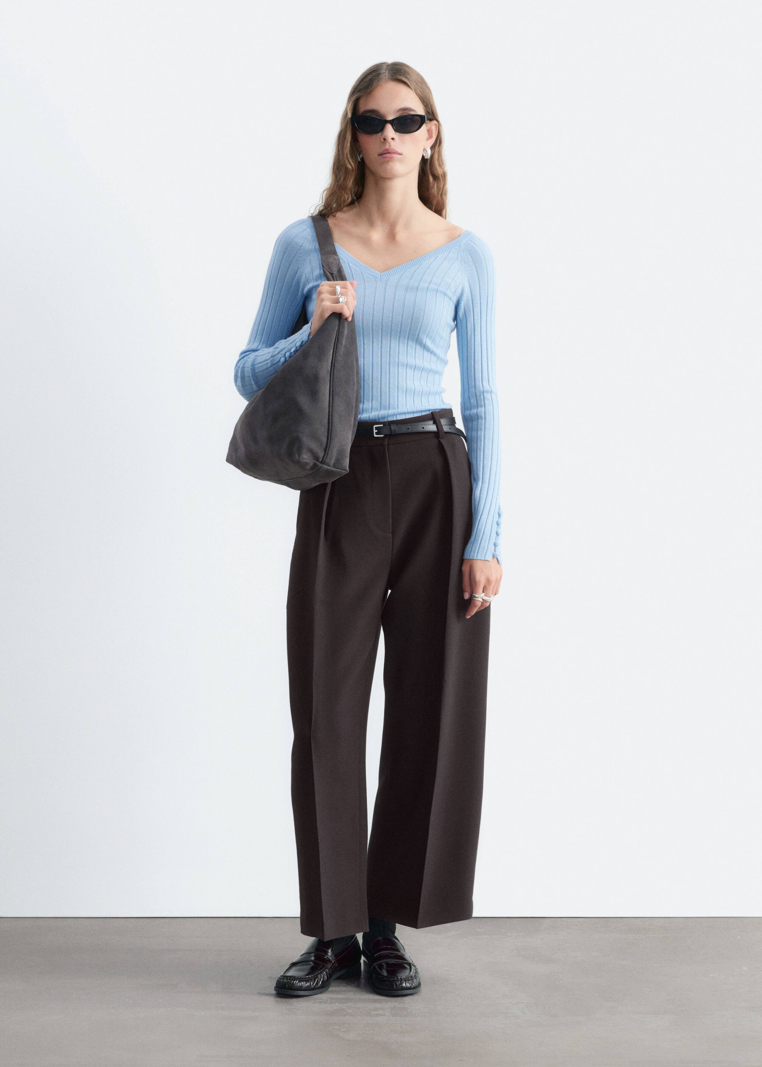 Ribbed Wool V-Neck Top - Light Blue - Lookbook
