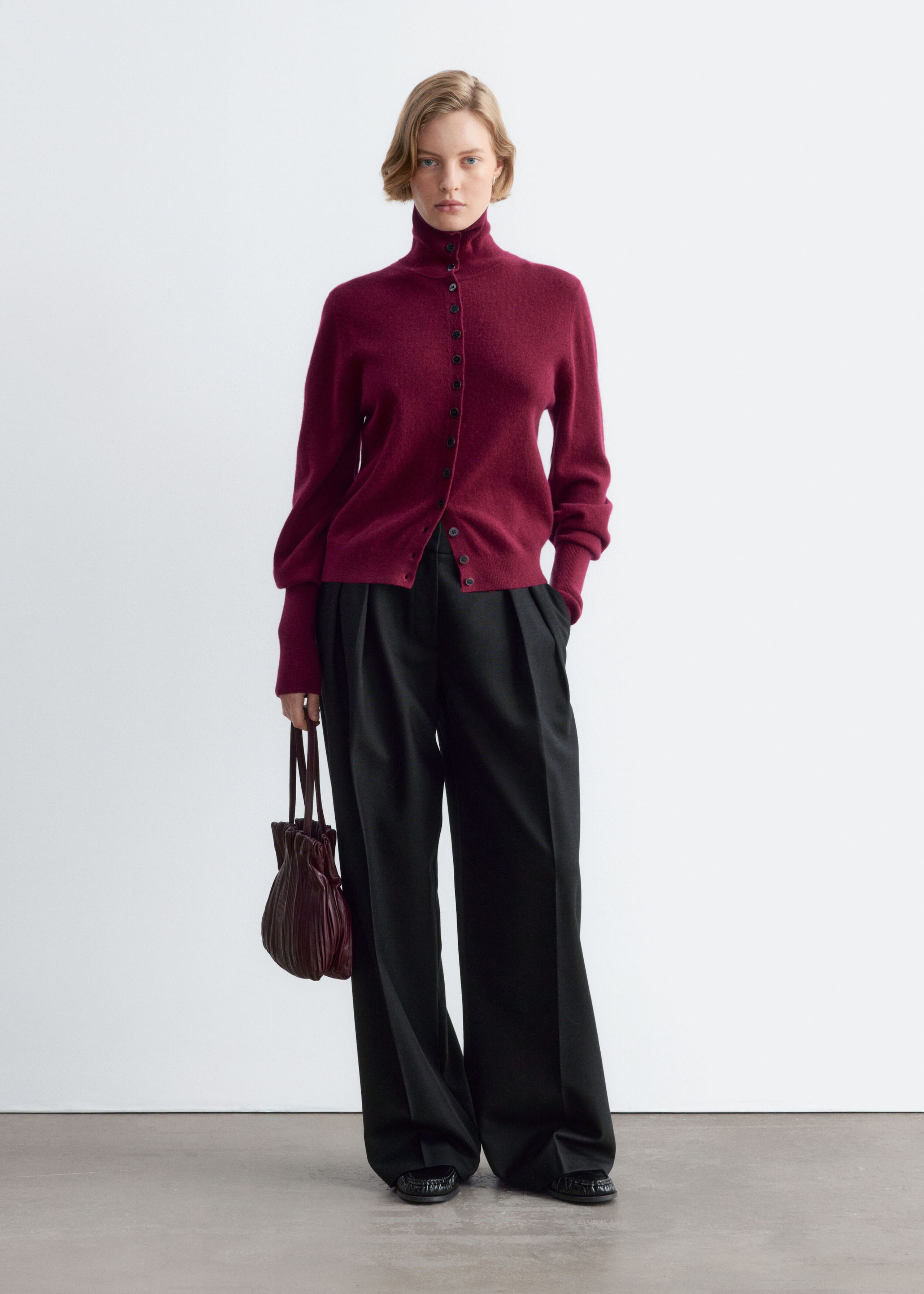 High-Neck Wool Cardigan Burgundy