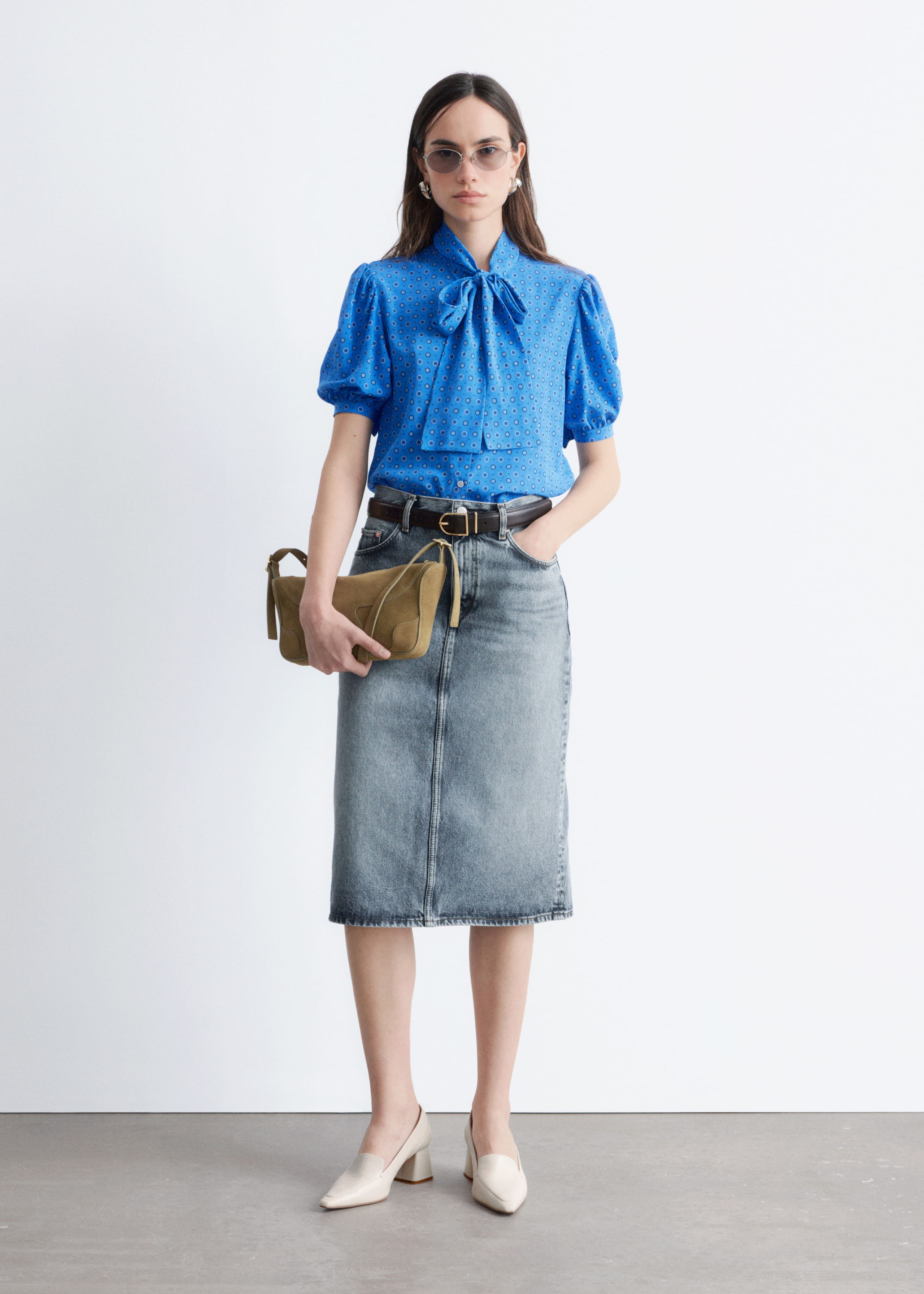 Image of Printed Tie-Neck Silk Blouse