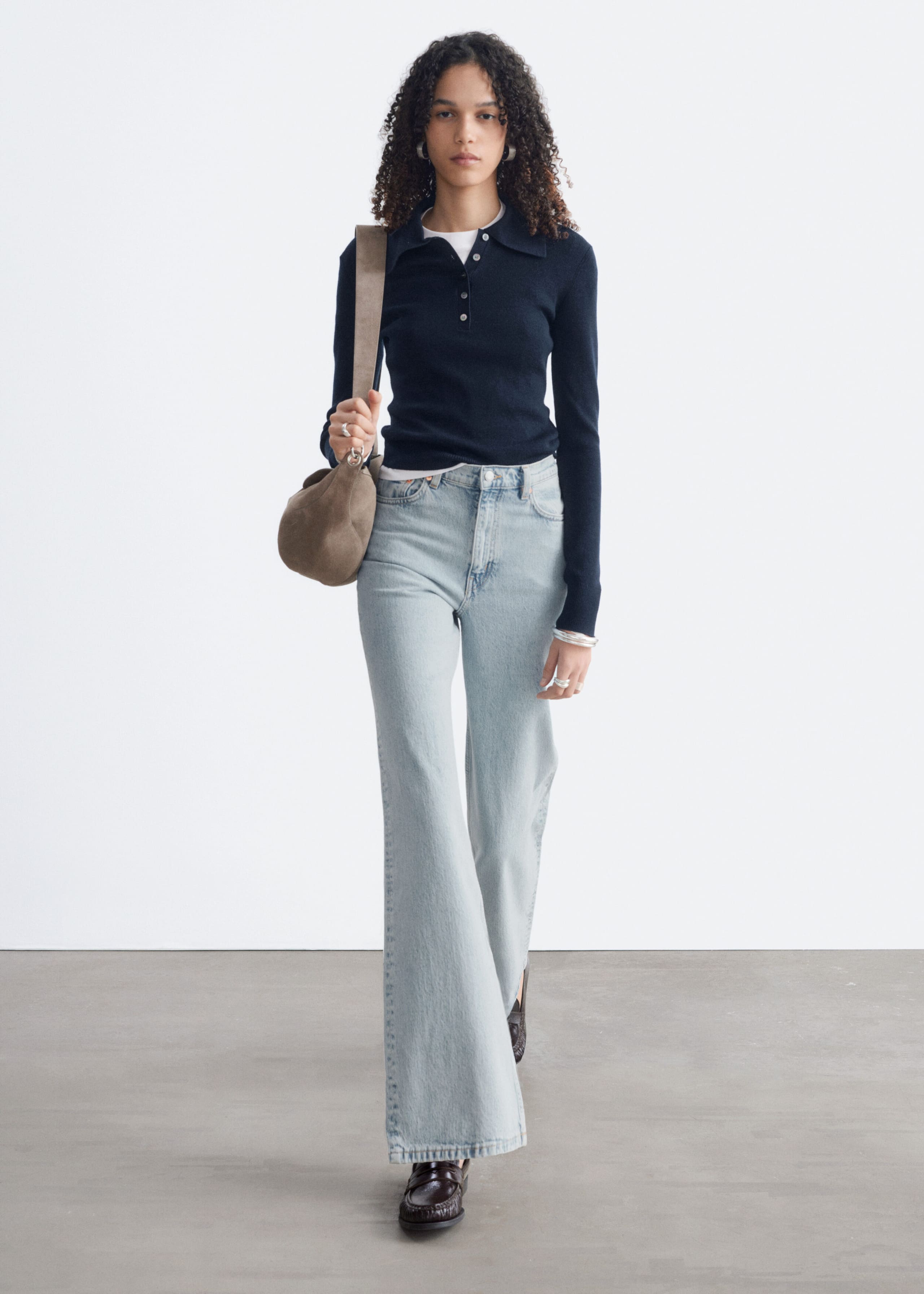 Rib-Knit Merino Wool Polo Top - Grey Melange - Lookbook