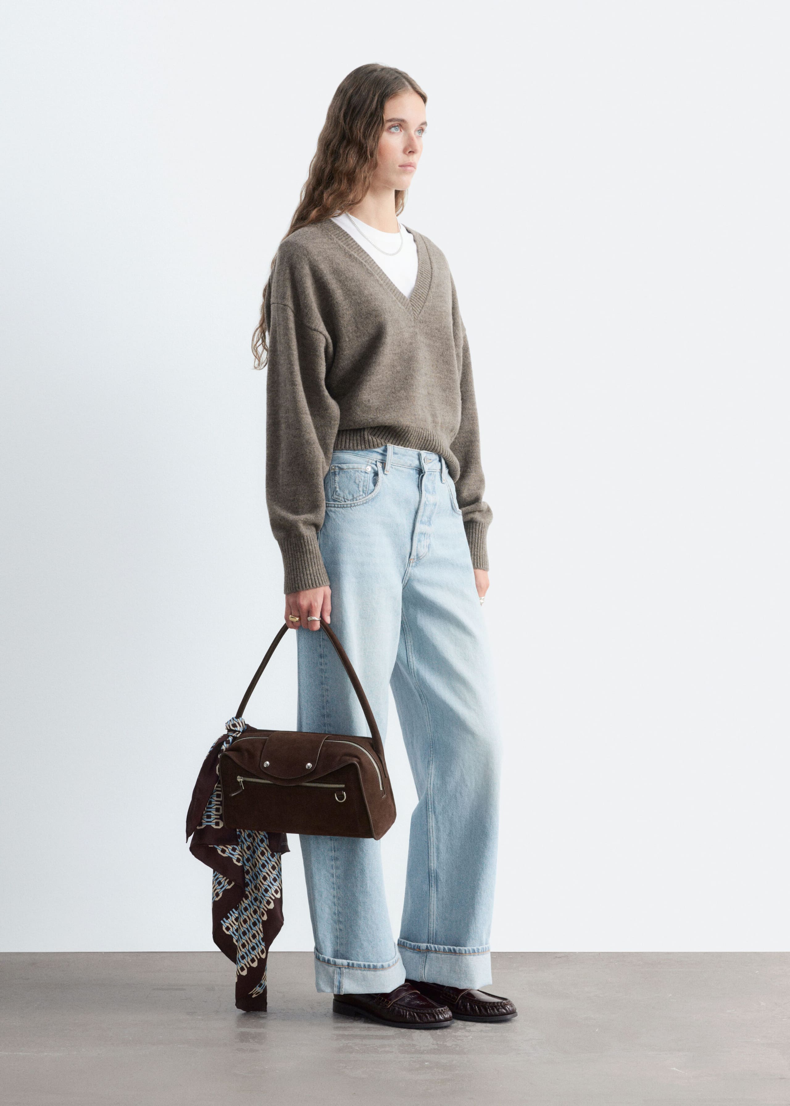 Wool-Cotton V-Neck Jumper - Grey - Lookbook