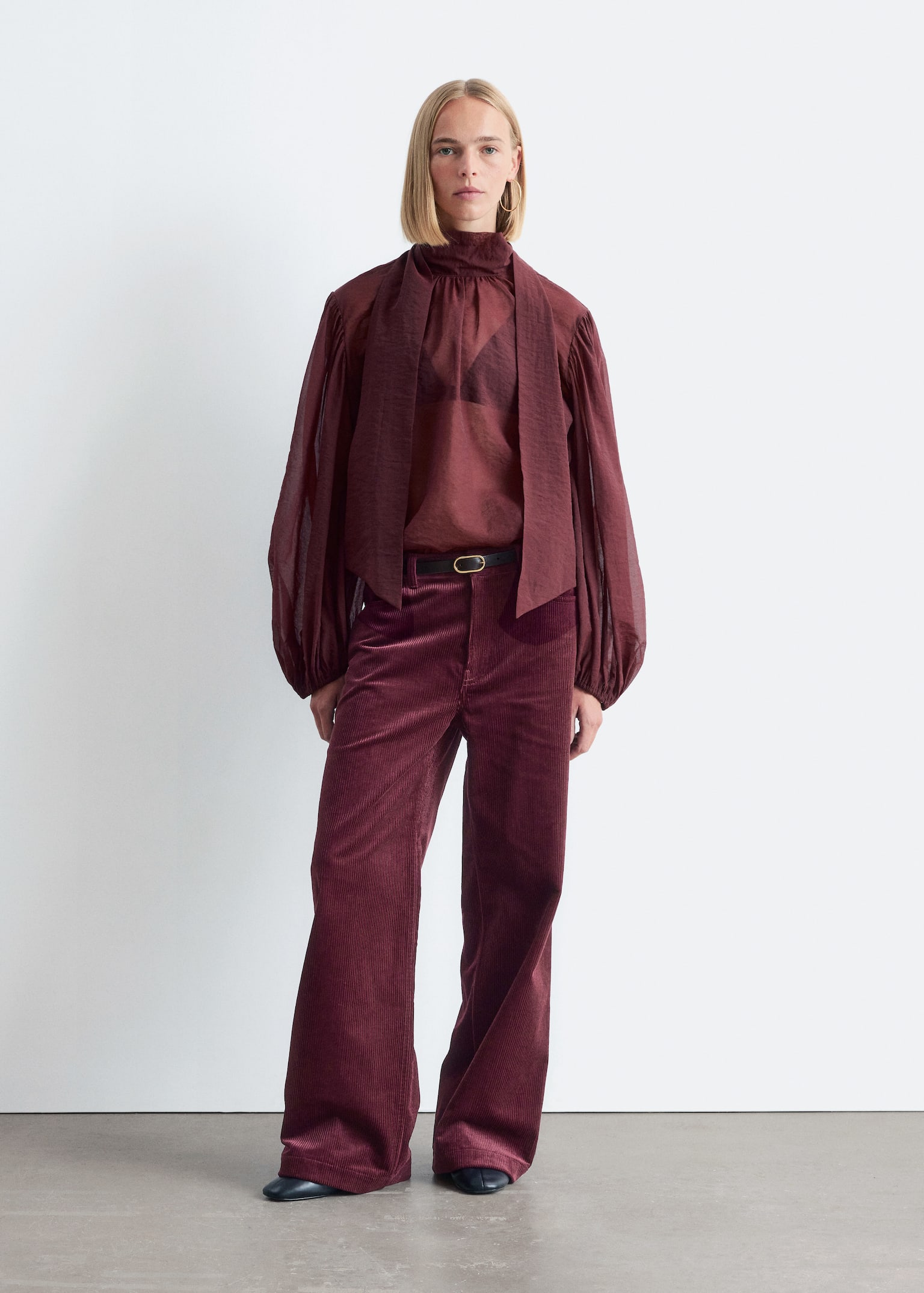 Puff-Sleeve Bow-Detail Blouse - Burgundy - 4