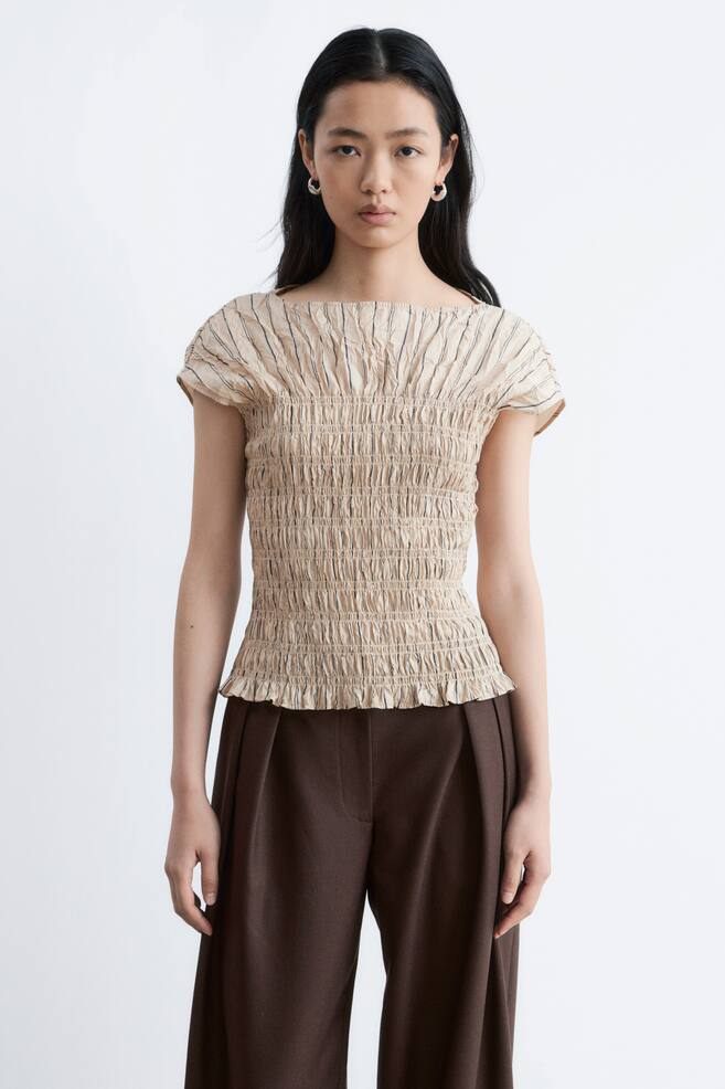 Smocked Boatneck Top - Beige/Striped/Dark Grey/Red - 1