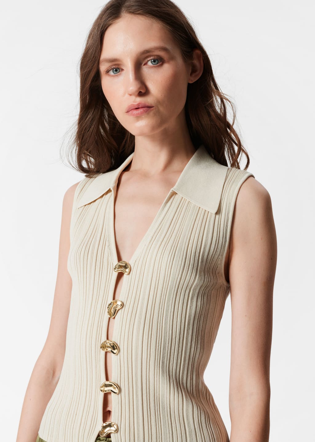 Rib-Knit Collar Tank Top - Dusty White - Lookbook