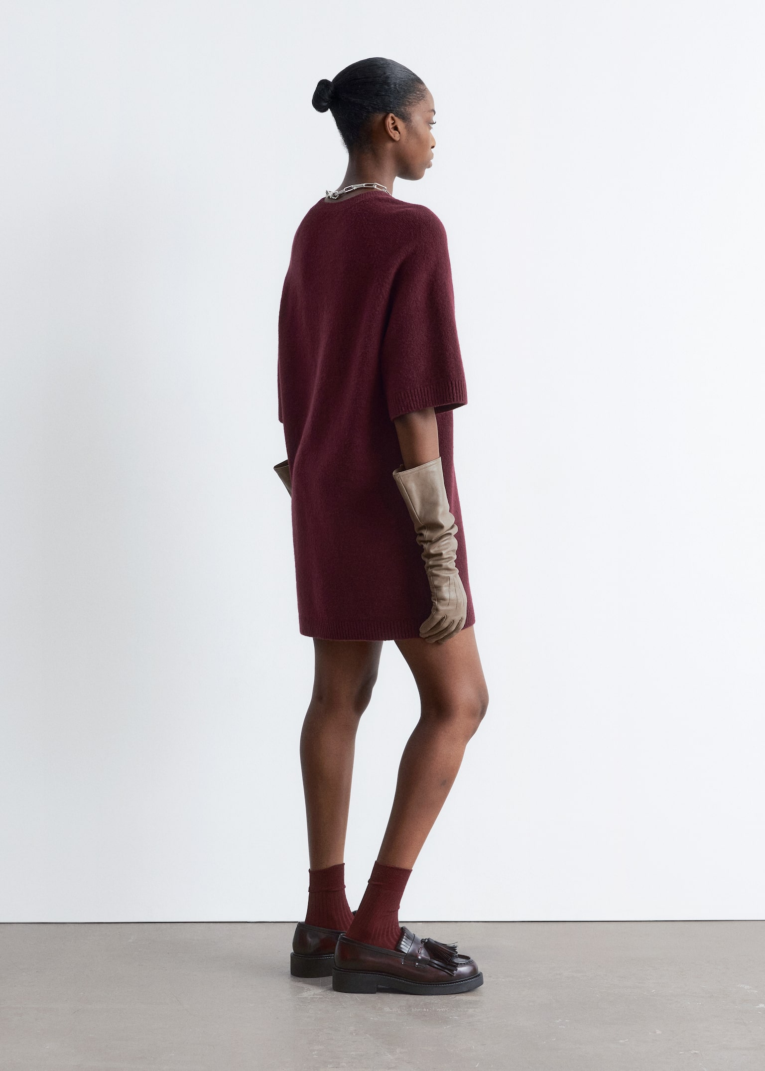 Knitted T-Shirt Mini Dress - Dark Red/Dark Brown - 4