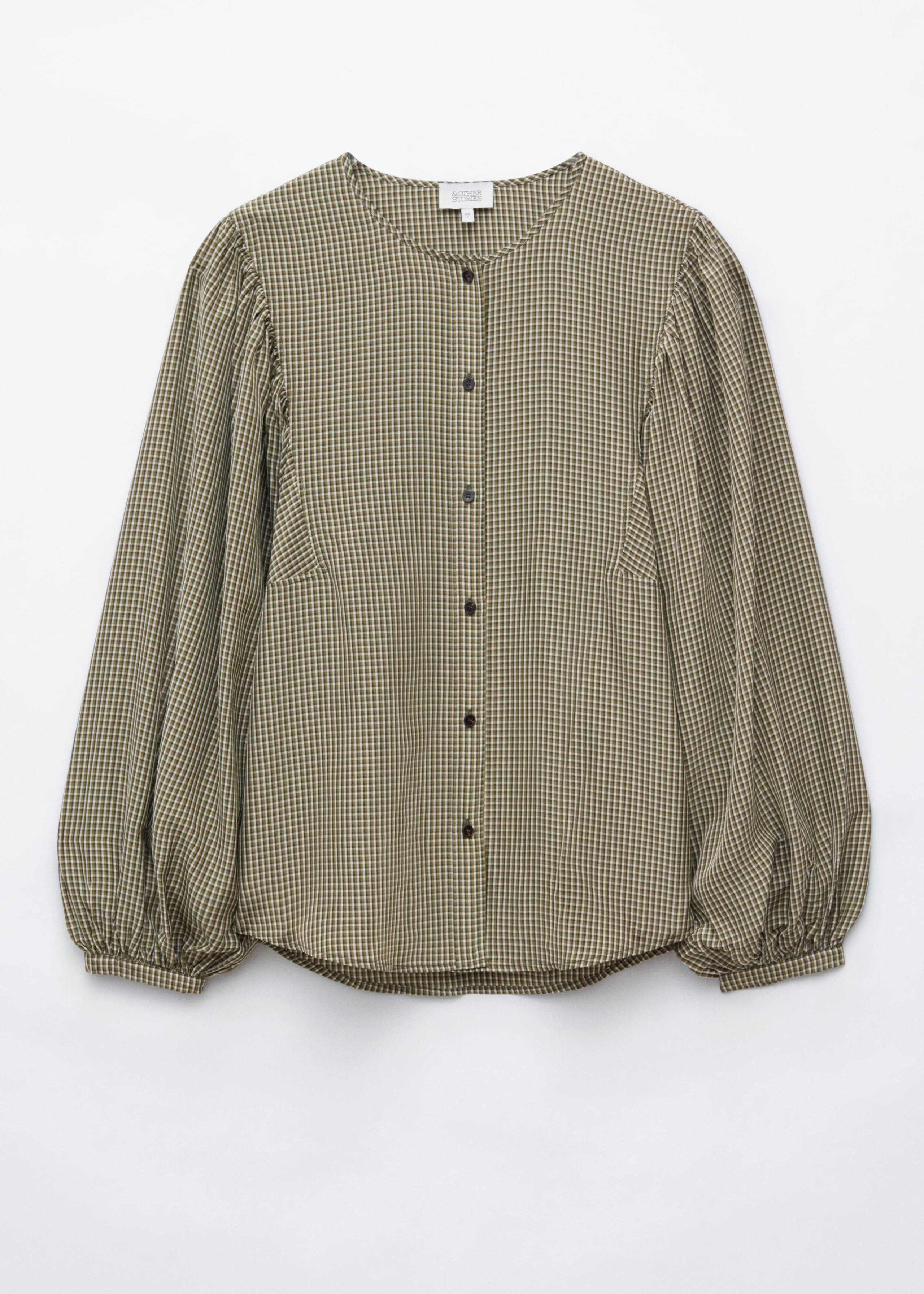 Gathered Cotton Blouse - Grey/Green/Checked - Still Life