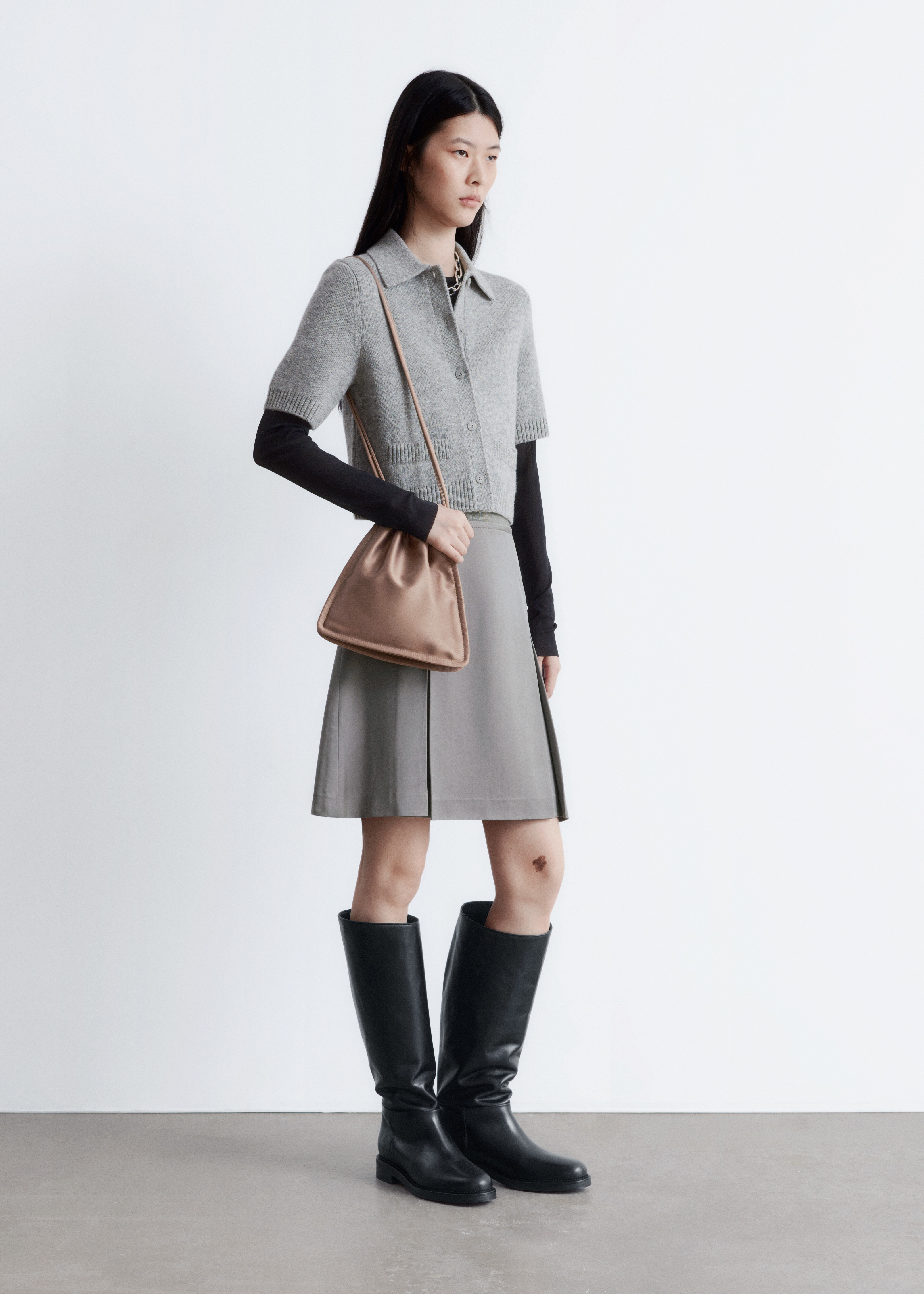 Pletený kardigan s krátkým rukávem - Šedá/bílá/Prašná modrá