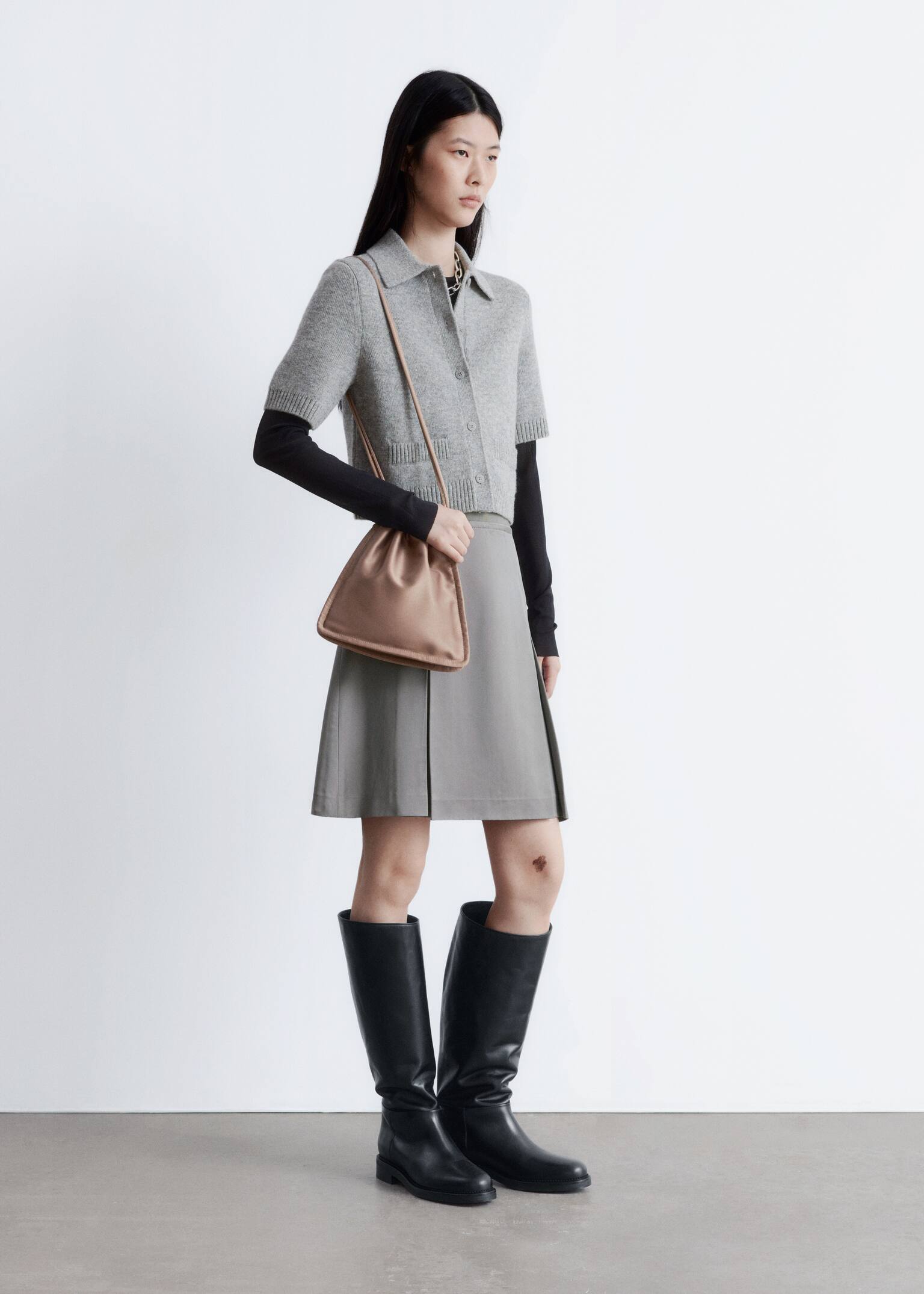 Knitted Short-Sleeve Cardigan - Grey - 1