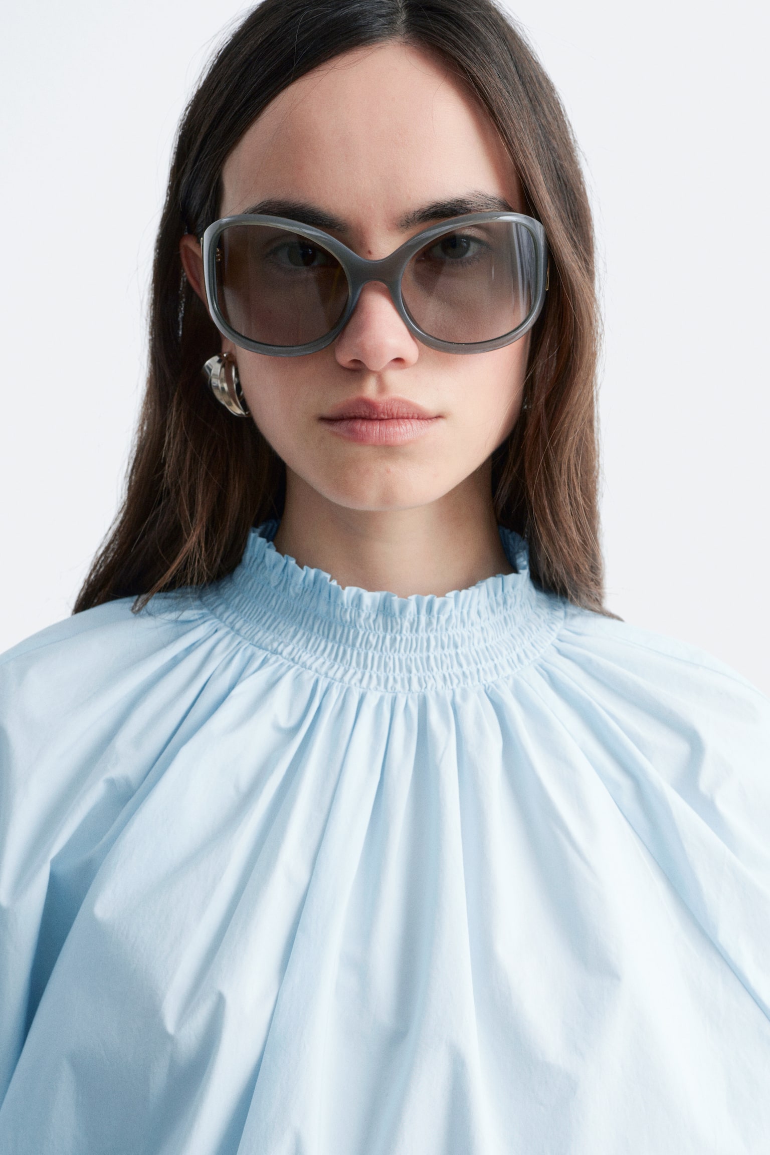 Blusa fruncida de cuello alzado - Azul claro - 7