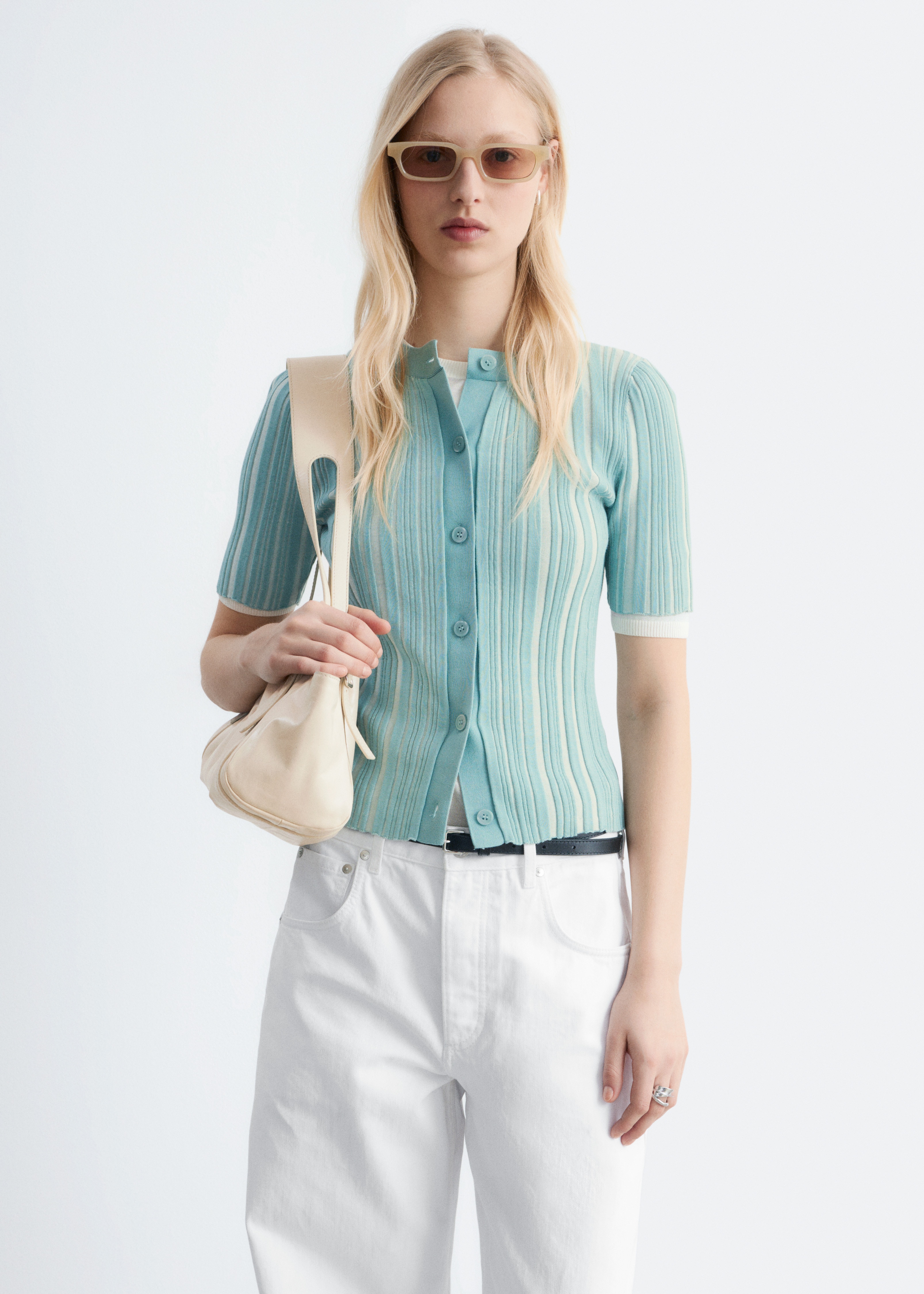 Kurzärmlige Rippstrickjacke - Türkis/Chartreuse