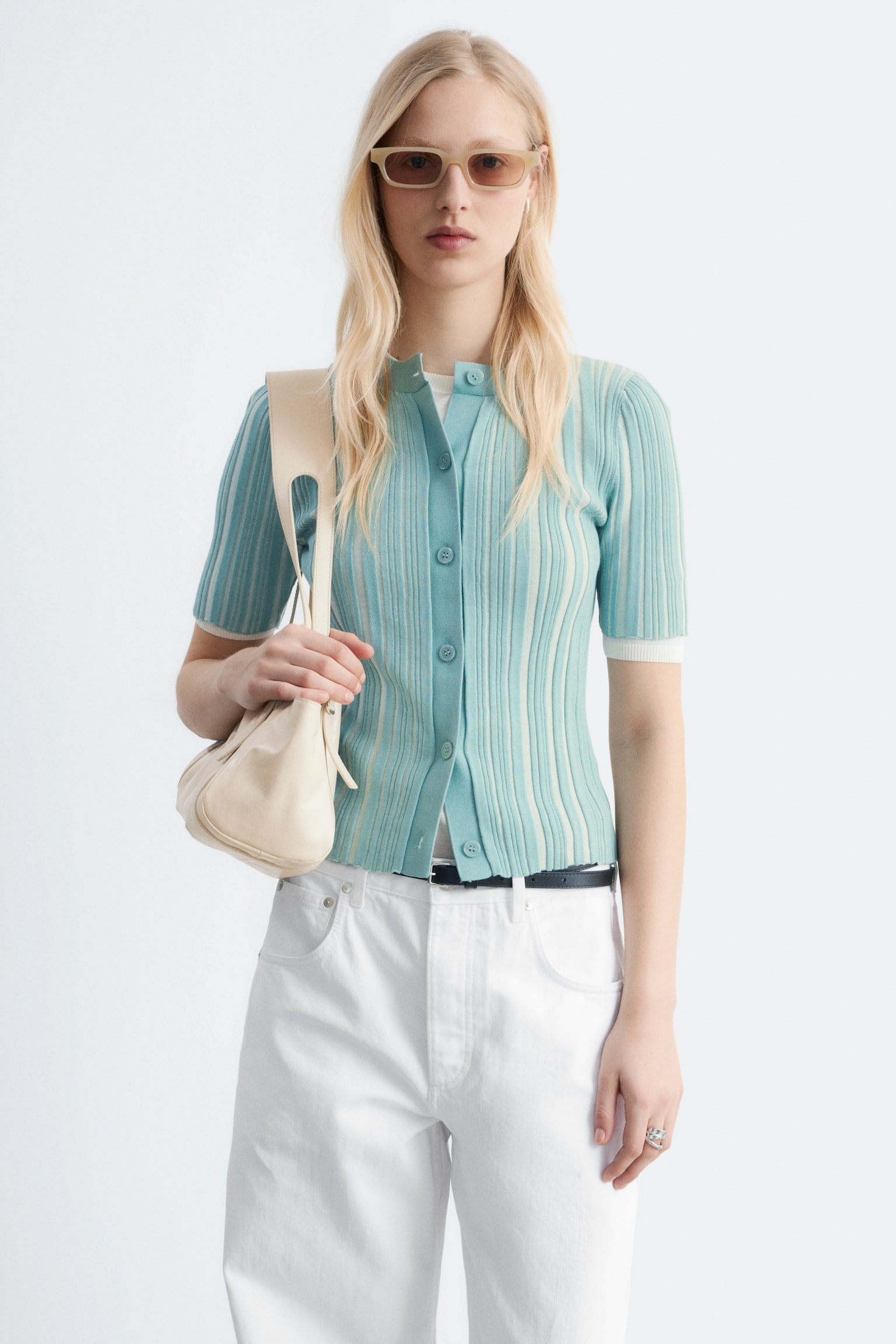 Dzianinowy kardigan w prążki z krótkim rękawem - Turquoise/Żółtozielony - 1