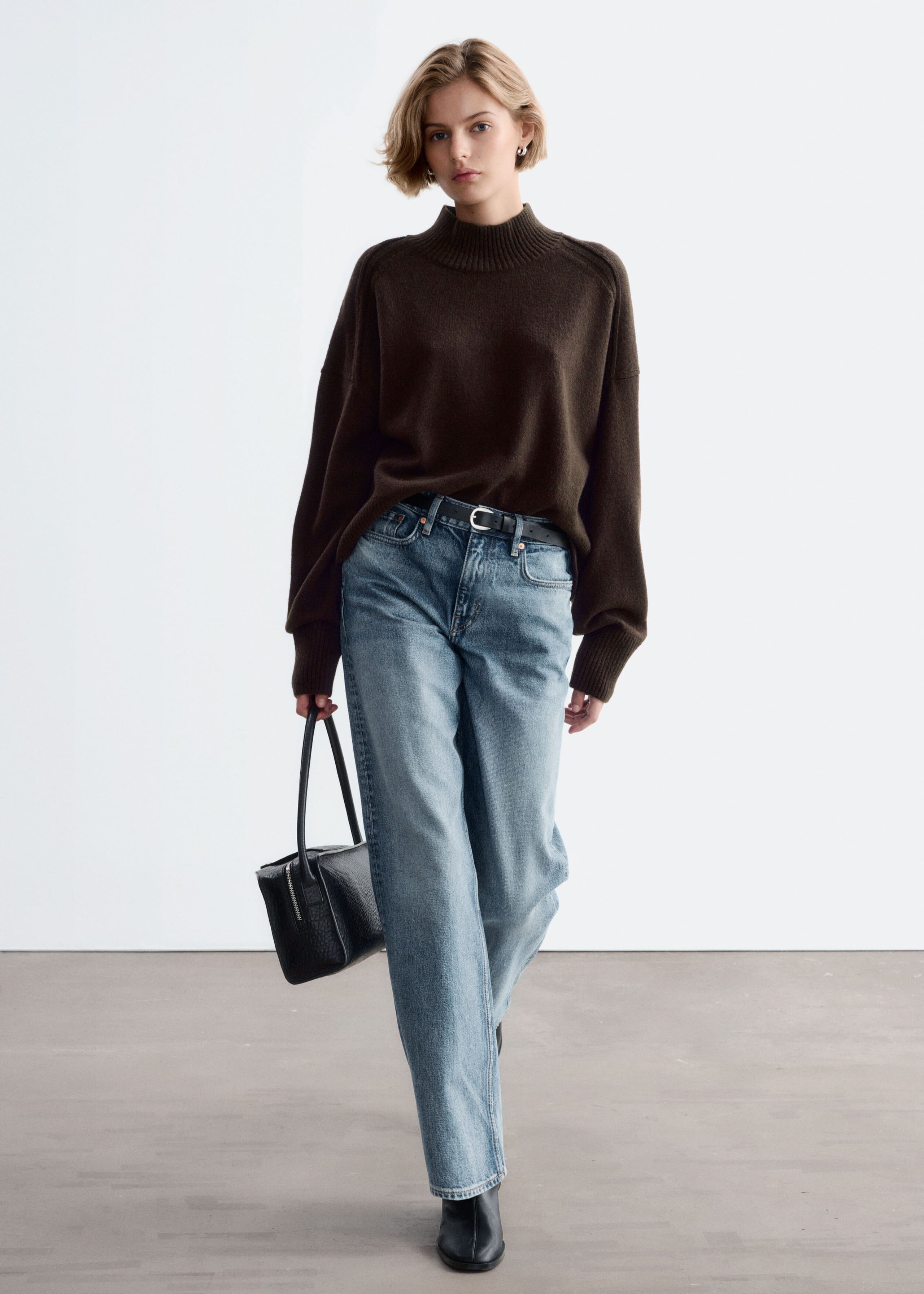Mock-Neck Wool-Cotton Jumper Dark Brown