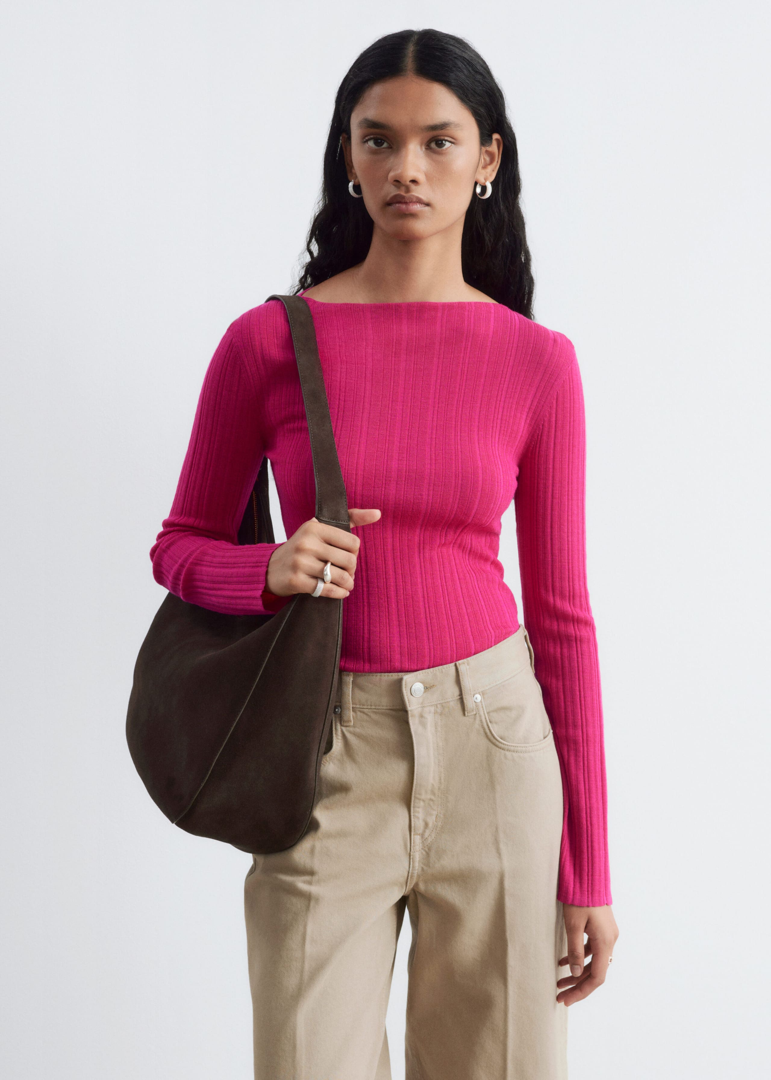 Rib-Knit Wool Boatneck Top - Bright Pink - Lookbook