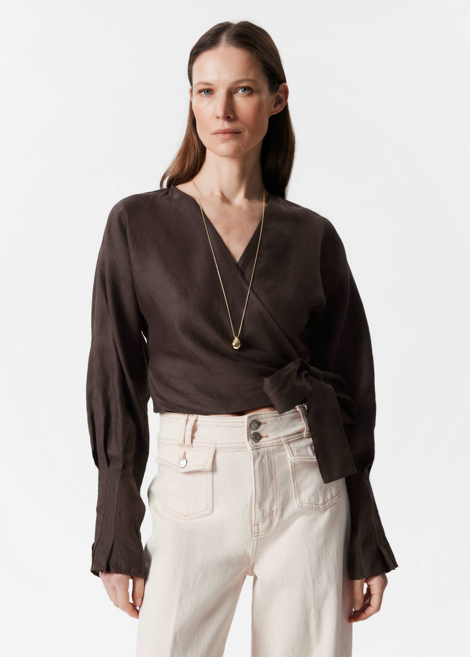 Blouse cache-cœur en lin - Marron foncé/Bleu poudré