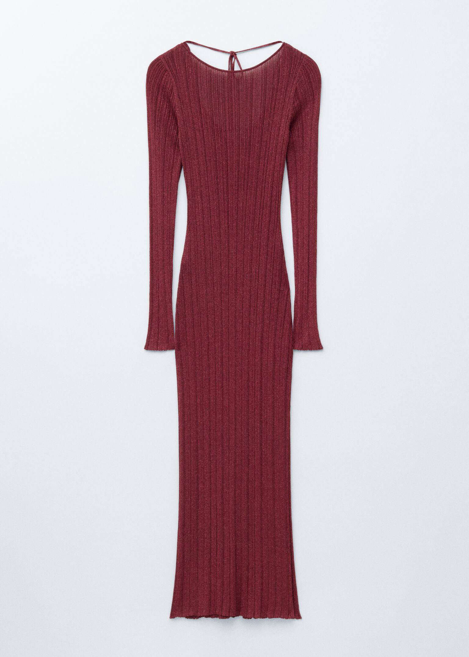 Long-Sleeve Rib-Knit Midi Dress - Dark Red - 1