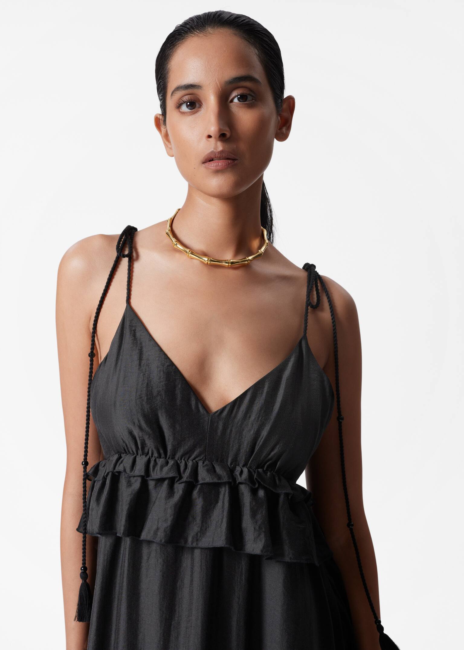 Rochie midi cu bretele subțiri - Negru/Bej/Geantă de plajă din paie cu detalii din piele/Portocaliu - 5