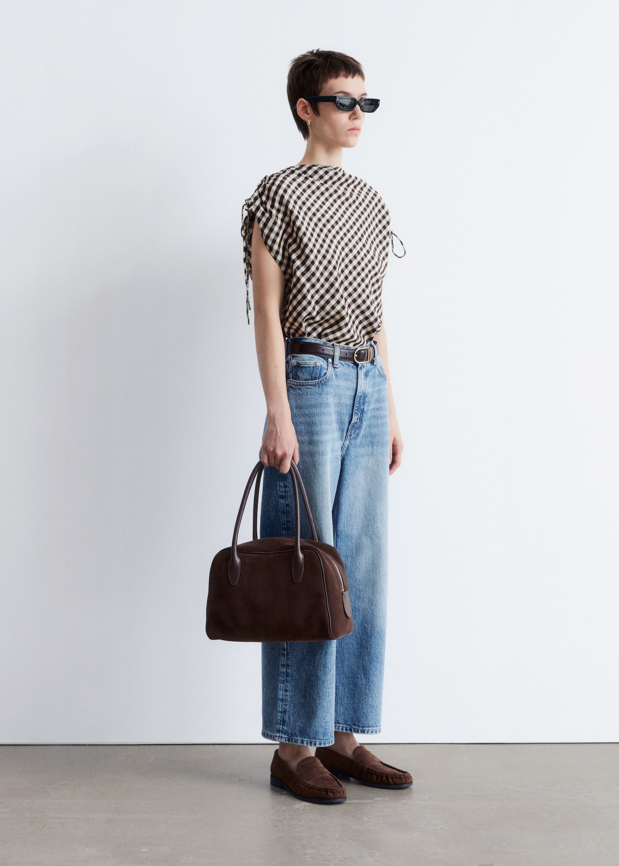 Grotere afbeelding bekijken: Top met trekkoord en boothals - Bruine/witte gingham-ruit - DAMES | H&M BE 5