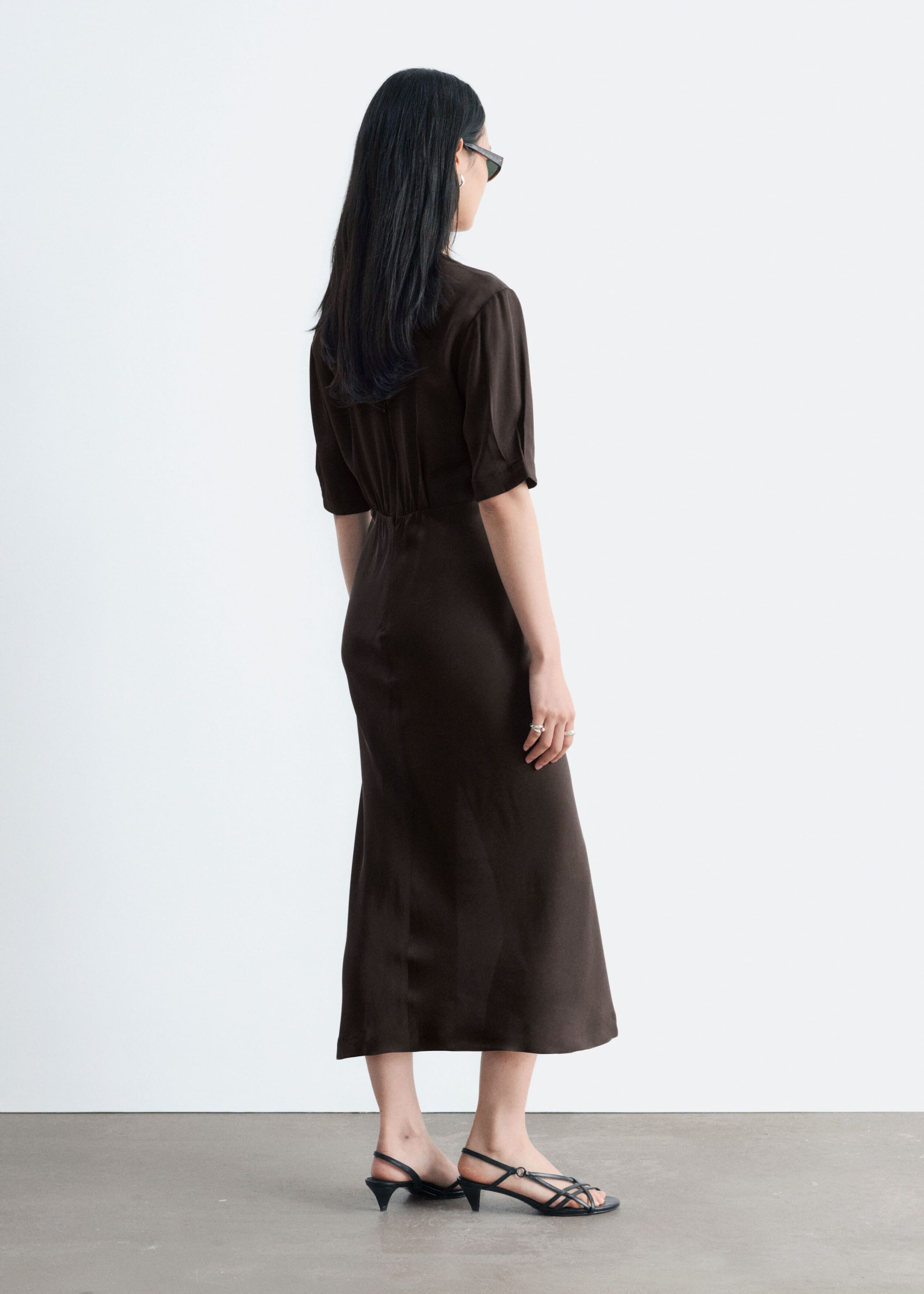 Pleat-Detail Midi Dress - Dark Brown - Lookbook