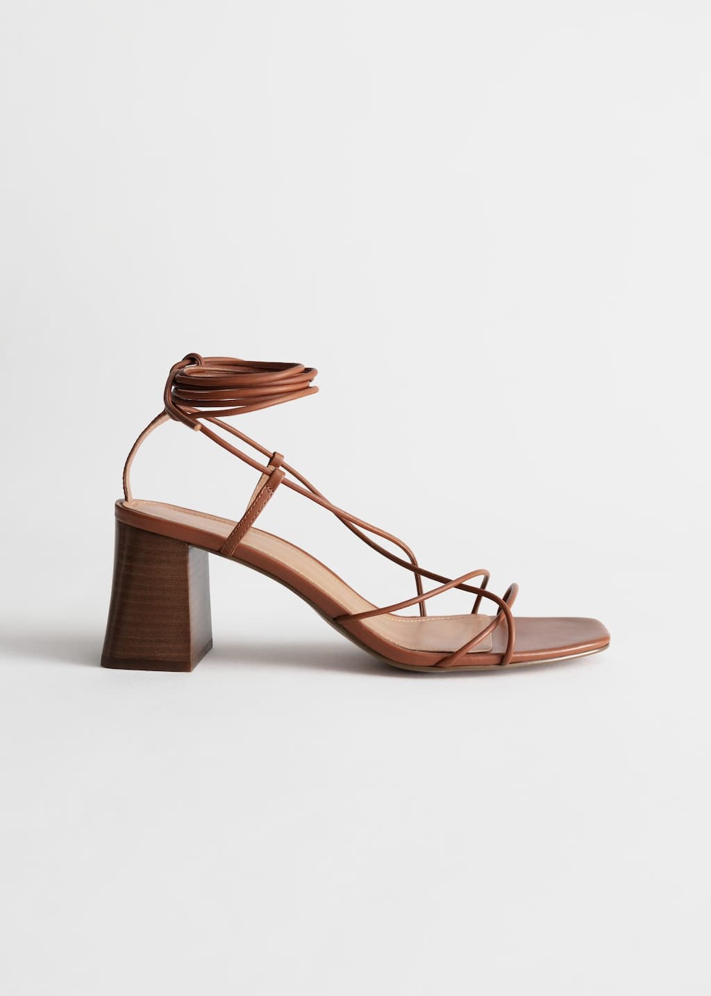 Leather Strappy Lace Up Heeled Sandals - Camel - Natura morta