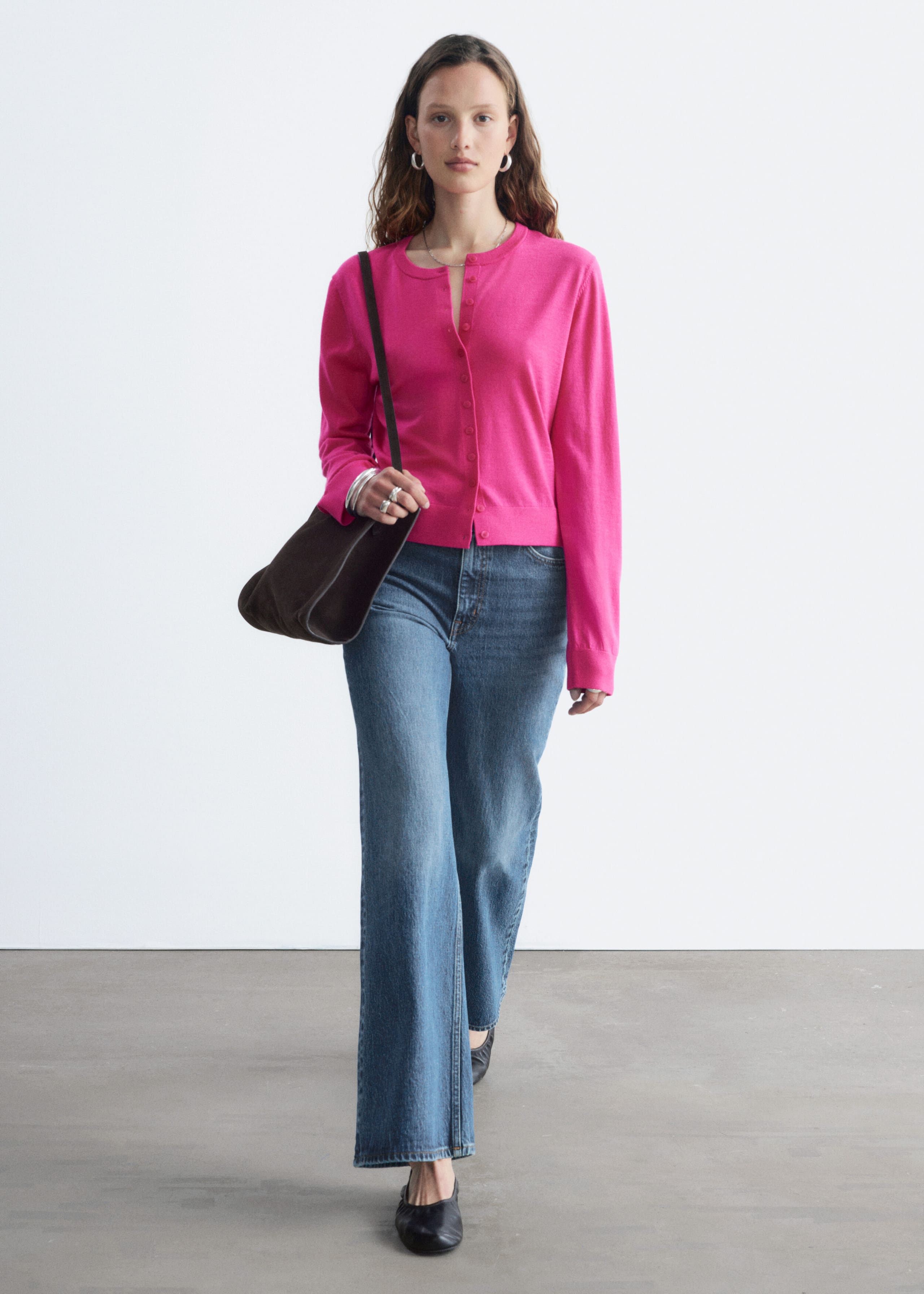 Plain-Knit Wool Cardigan - Bright Pink - Still Life