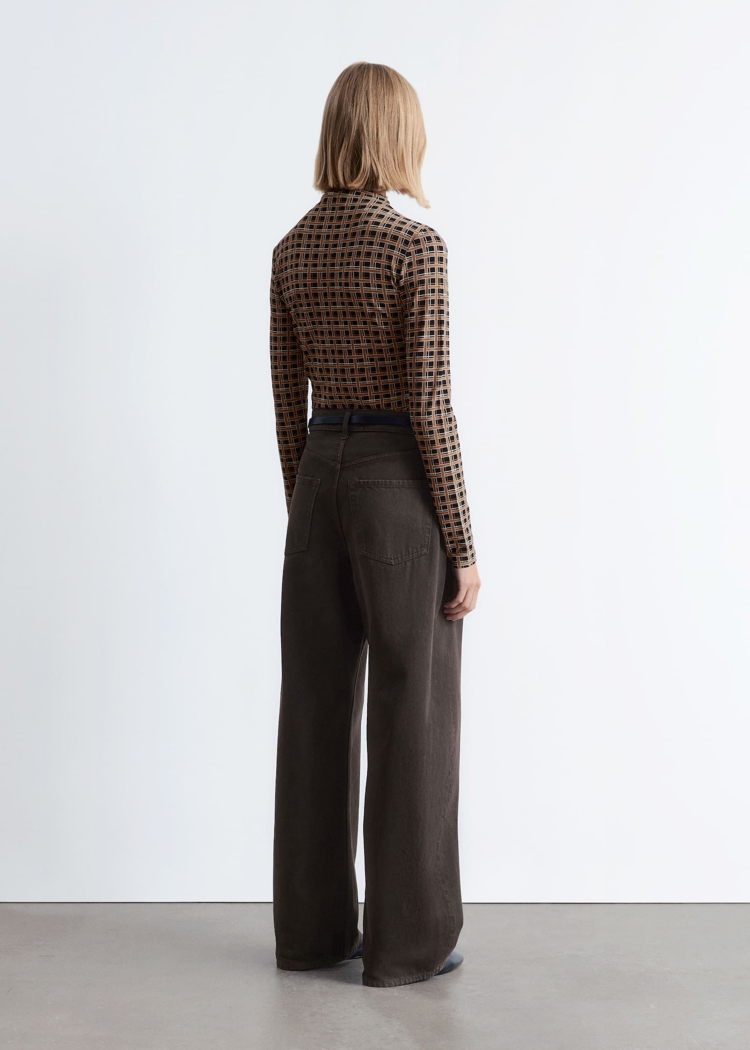Top met opstaande boord - Zwart/bruin geruit/Donkerbruin/Beige print - 5