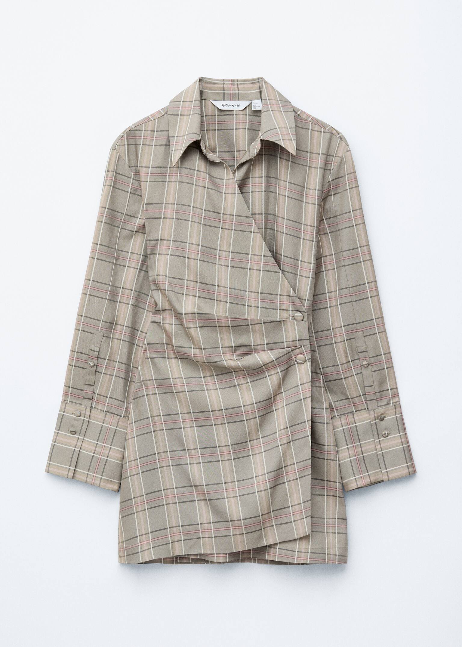 Wrap Shirt Mini Dress - Green/Beige Checked - 2