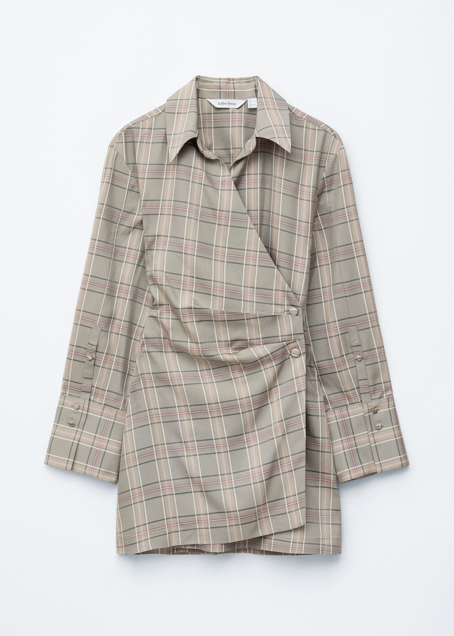 Wrap Shirt Mini Dress - Green/Beige Checked - 2
