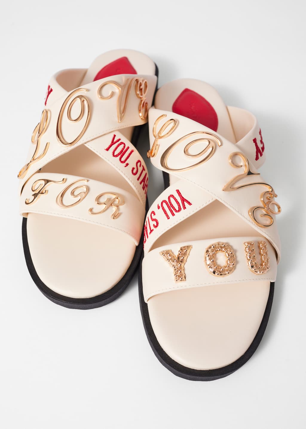 Text-Print Leather Sandals - Light Pink - Still Life