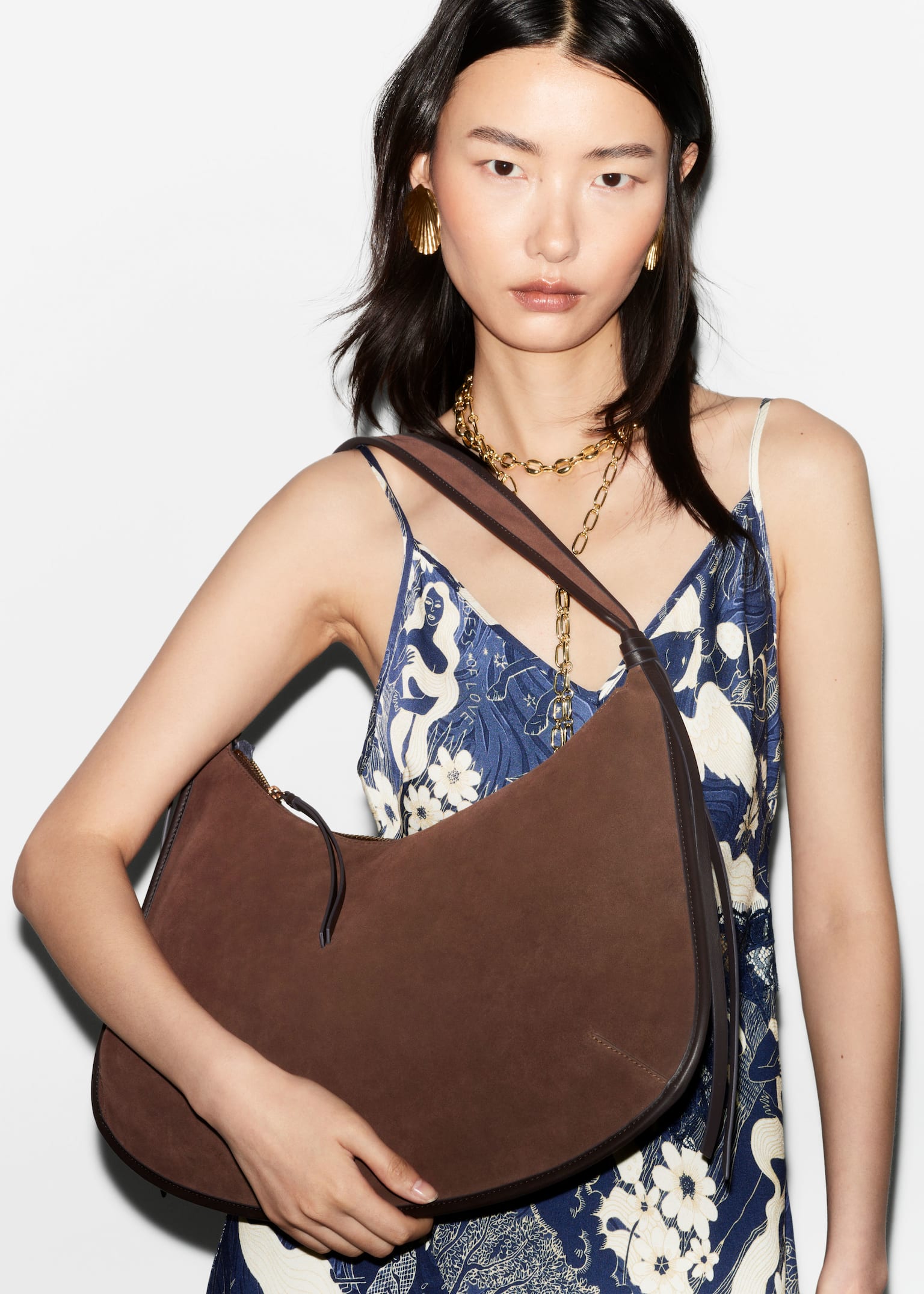 Zamszowa torba z frędzlami - Dark Brown/Czarny